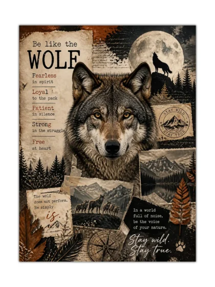 Gray wolf poster with full moon, mountain collage, pine forest, and vintage motivational text