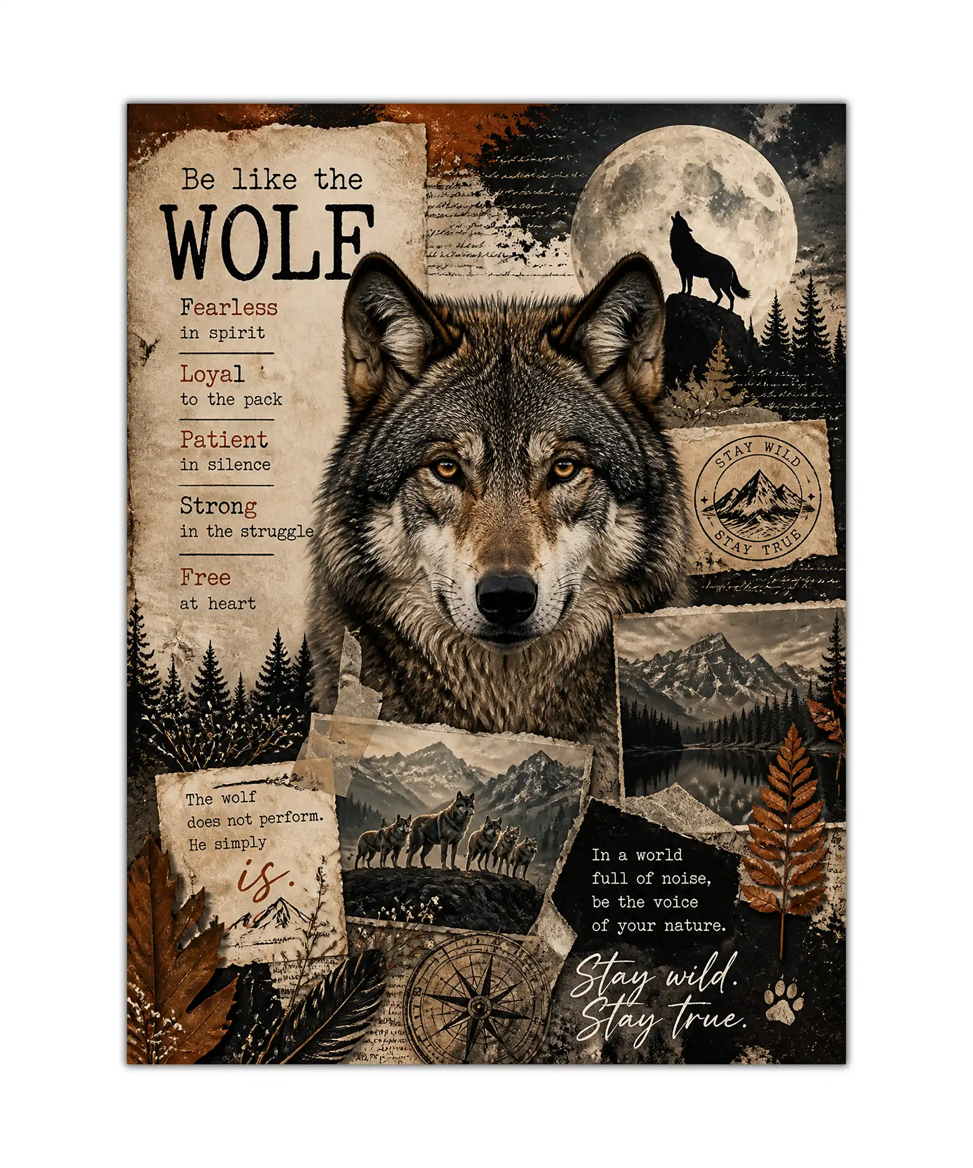 Wild Spirit Wolf Poster 1 painting Gray wolf poster with full moon, mountain collage, pine forest, and vintage motivational text