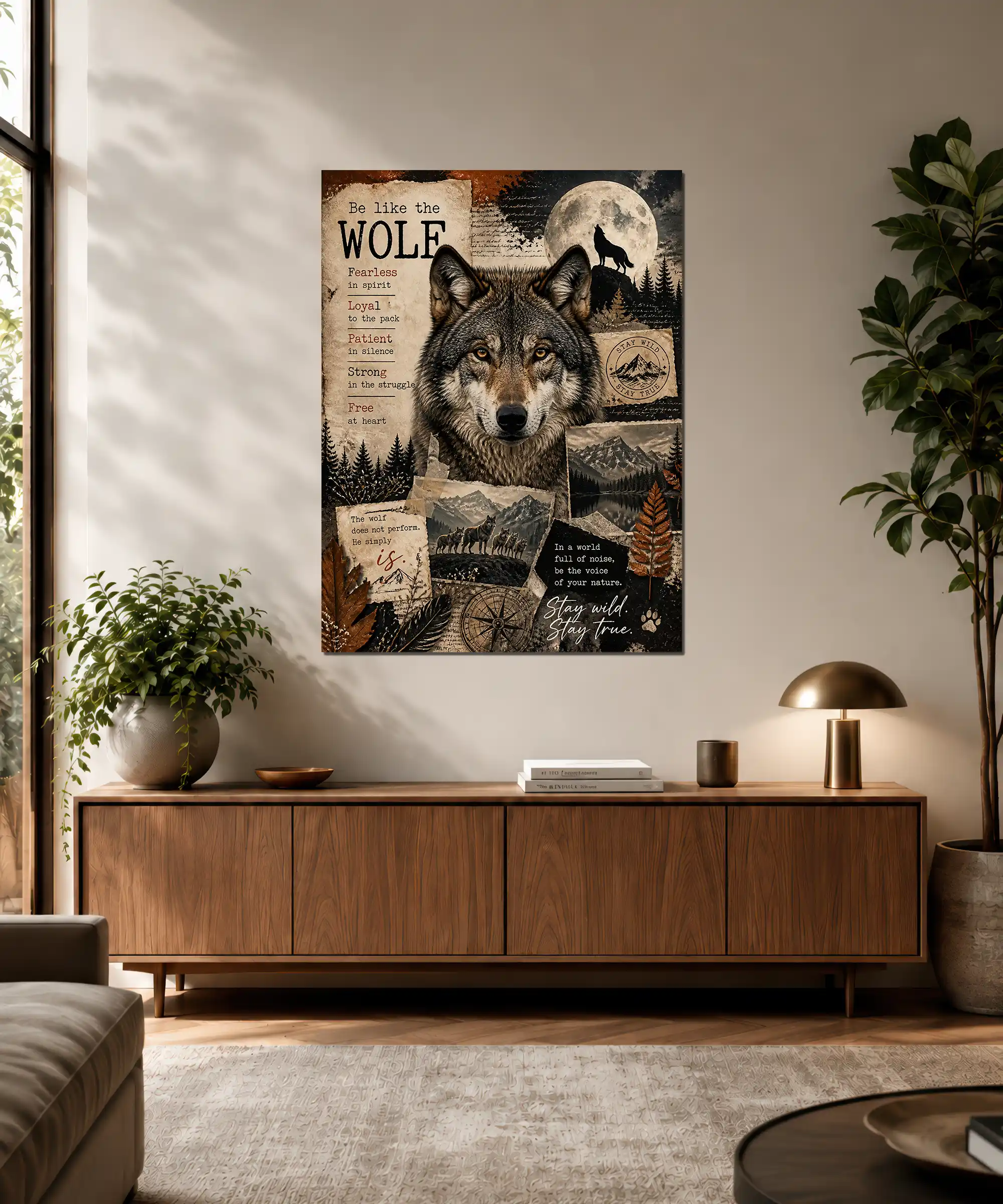 Wild Spirit Wolf Poster 3 painting Wild wolf wall poster displayed in an interior with mountain collage and moonlit forest imagery
