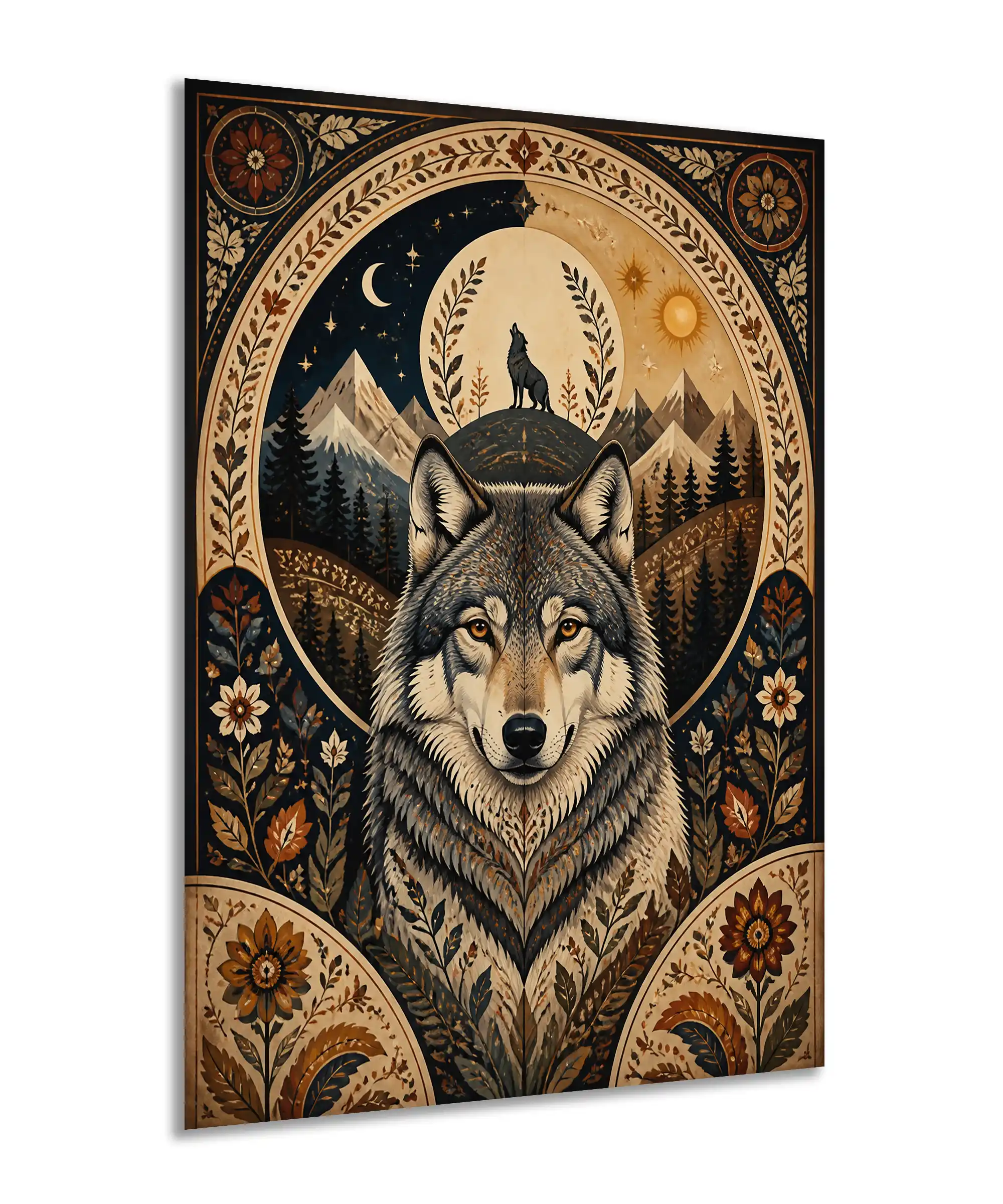 Moonlit Wolf Aesthetic Poster 2 painting Angled moonlit wolf poster showing alpine scenery, botanical details, and vintage folk design