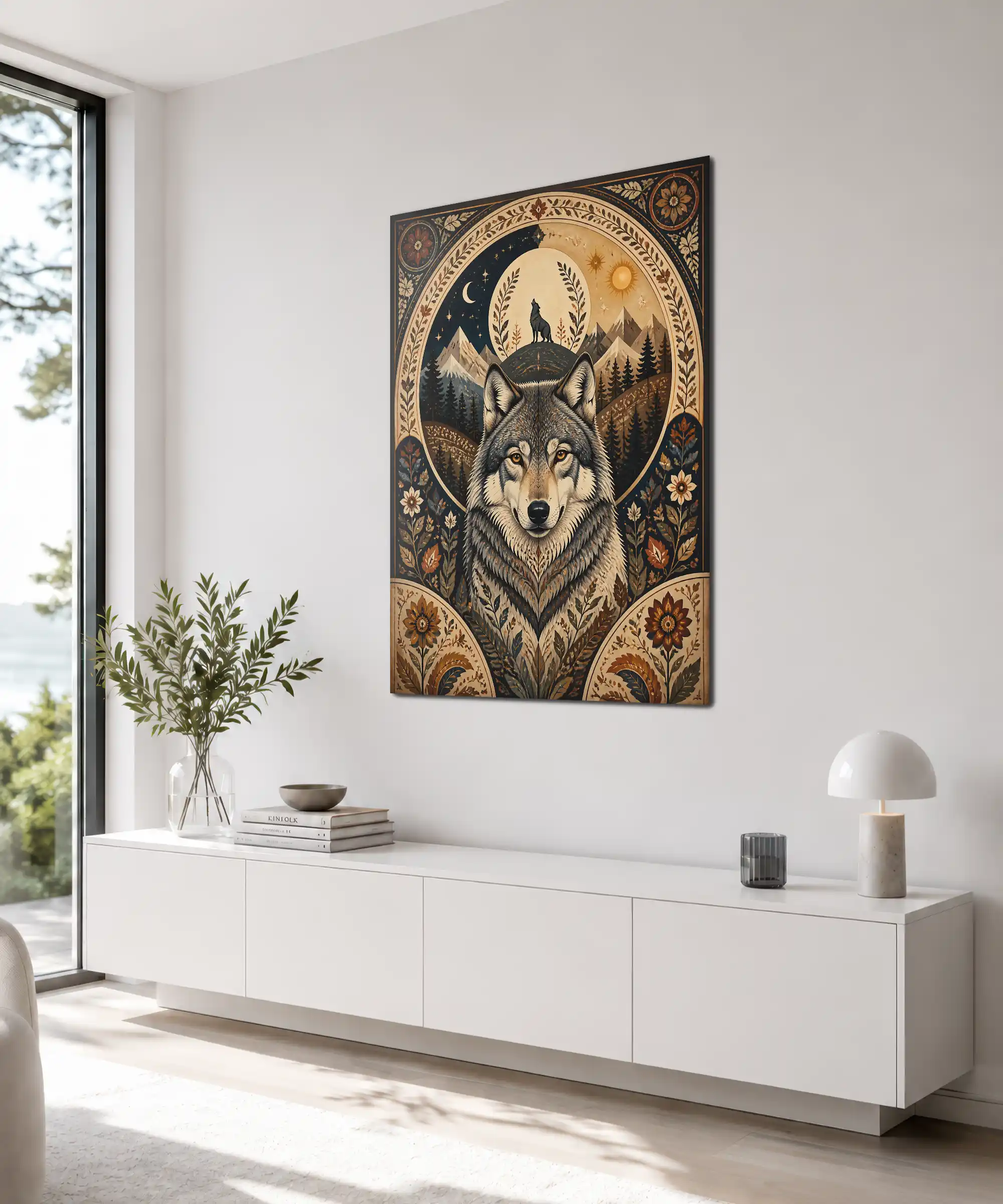 Moonlit Wolf Aesthetic Poster 4 painting Angled wolf mountain wall art displayed indoors with moon, forest, and ornate botanical border