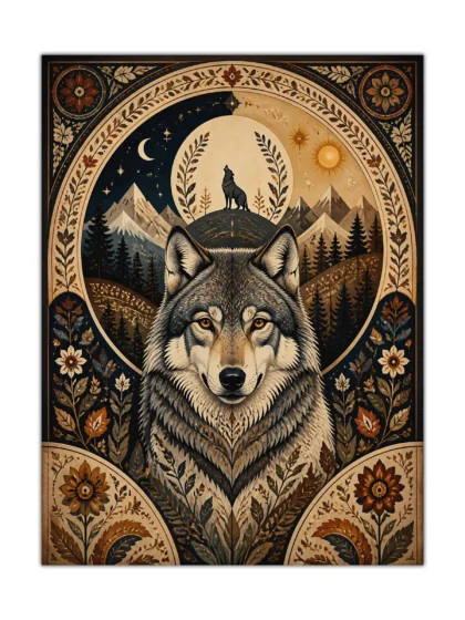 Gray wolf poster with moonlit mountains, evergreen forest, stars, and ornate floral border