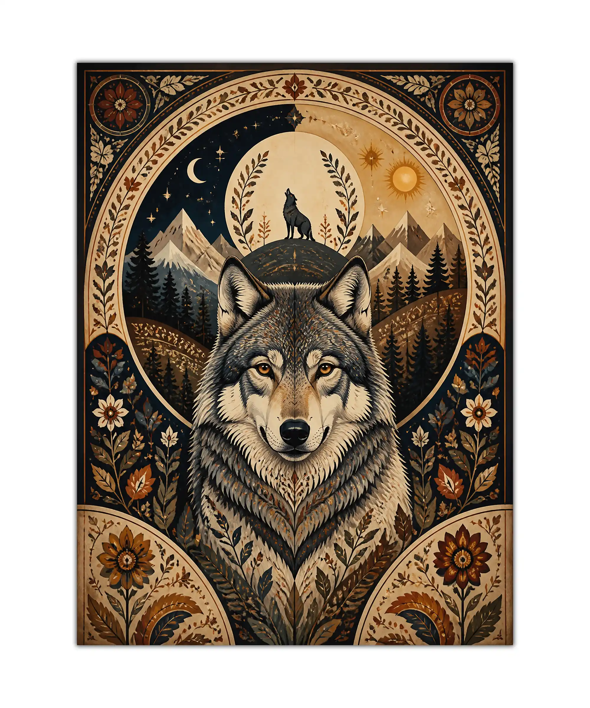 Moonlit Wolf Aesthetic Poster 1 painting Gray wolf poster with moonlit mountains, evergreen forest, stars, and ornate floral border