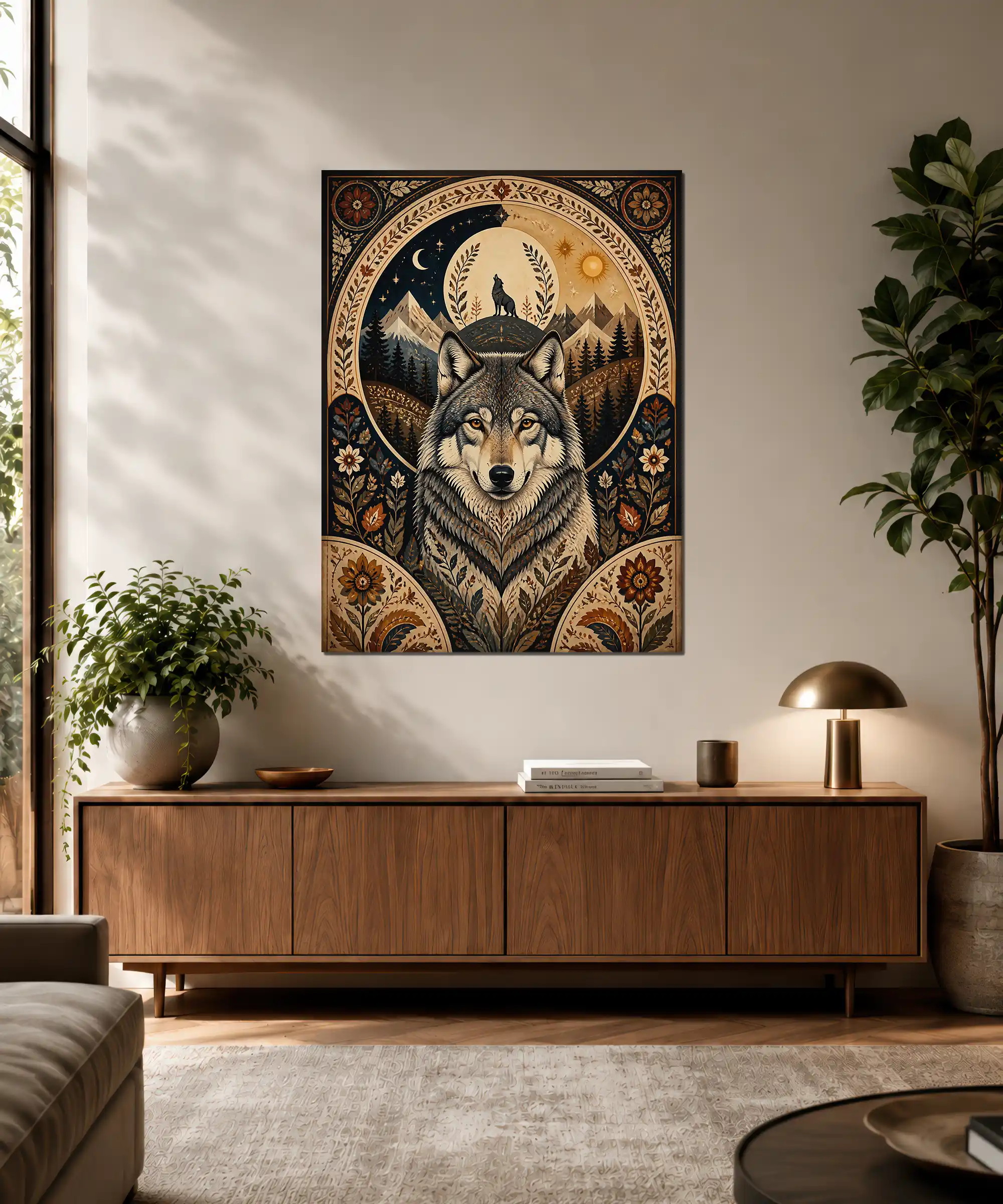 Moonlit Wolf Aesthetic Poster 3 painting Moonlit gray wolf wall poster displayed in an interior with mountains and floral folk framing