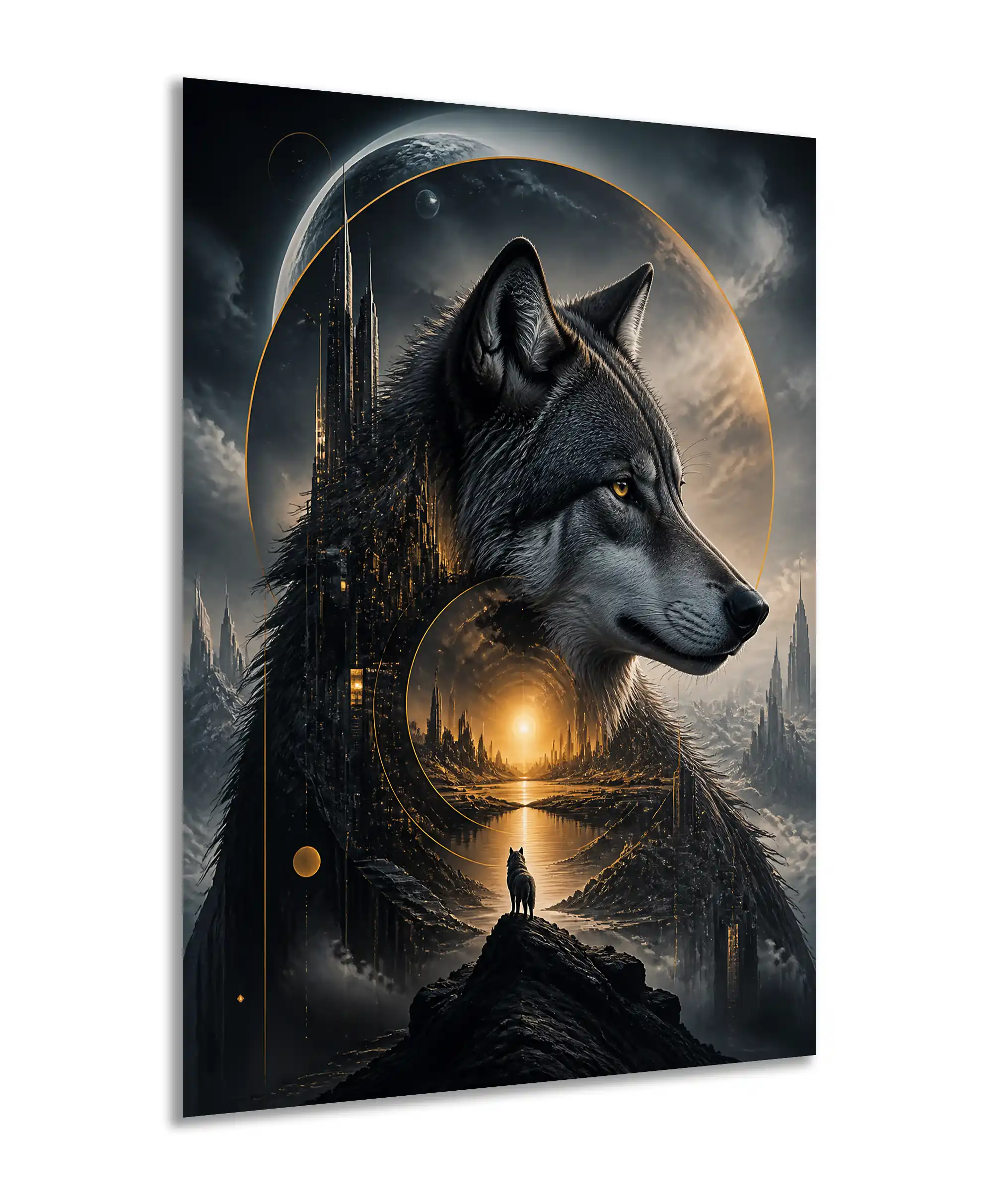 Cosmic Wolf Fantasy Poster 2 painting Angled cosmic wolf poster featuring a futuristic city and glowing celestial landscape