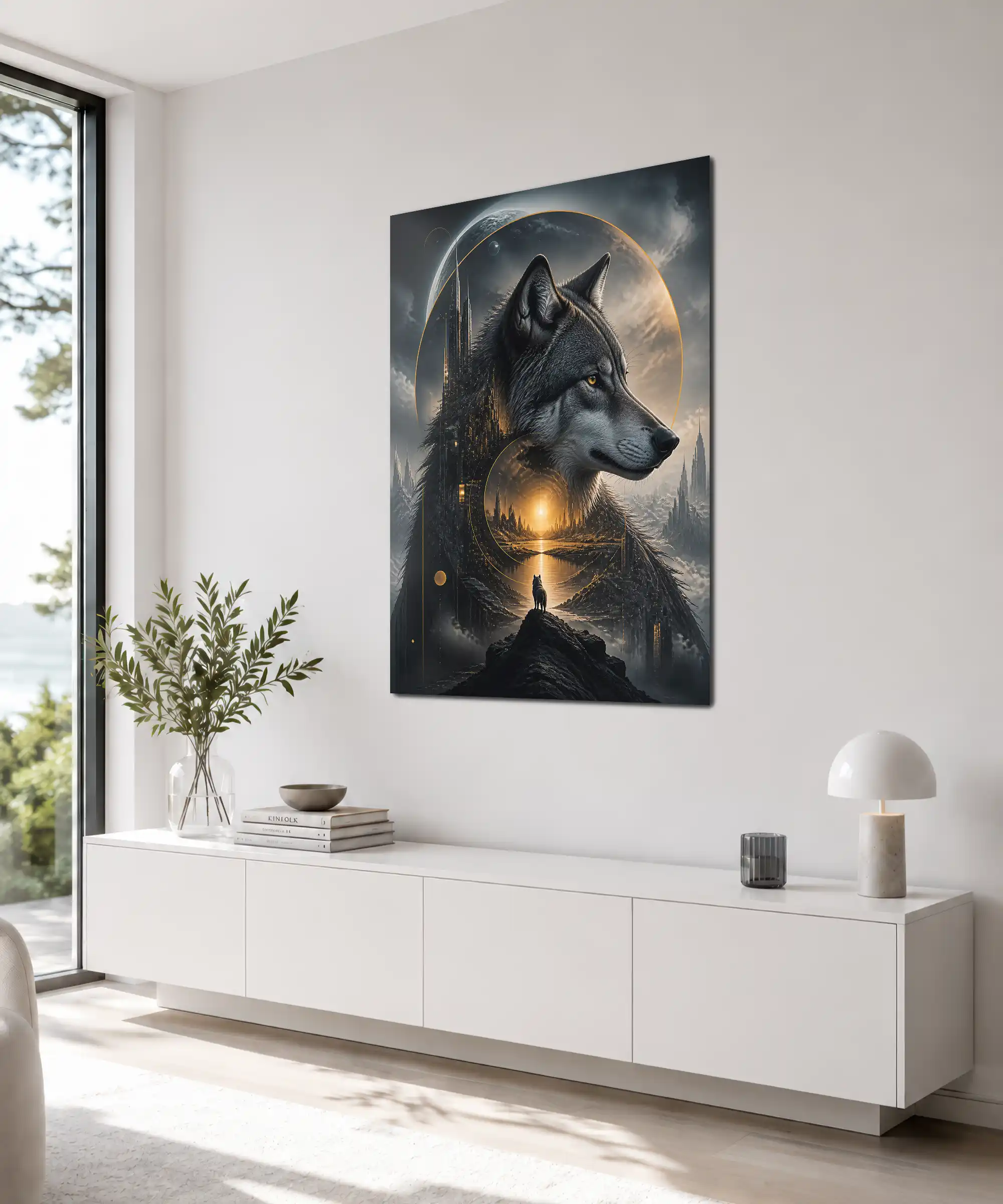 Cosmic Wolf Fantasy Poster 4 painting Angled fantasy wolf poster shown in an interior with celestial futuristic artwork