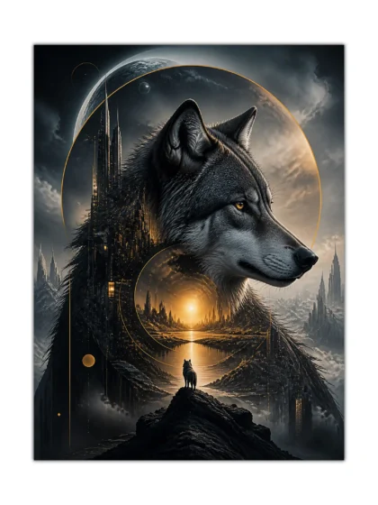 Cosmic black wolf poster with futuristic towers, planets, and a glowing fantasy landscape