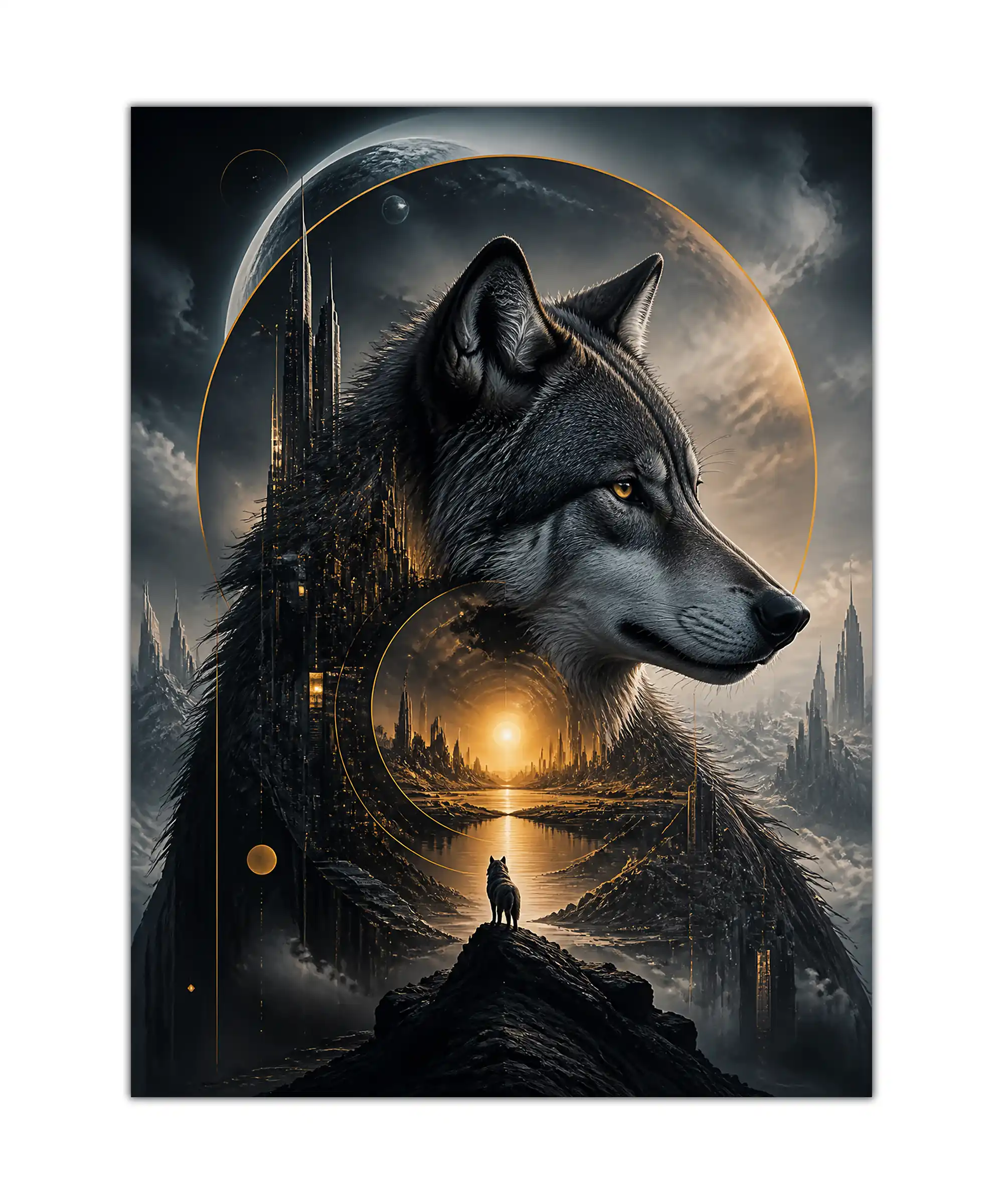 Cosmic Wolf Fantasy Poster 1 painting Cosmic black wolf poster with futuristic towers, planets, and a glowing fantasy landscape
