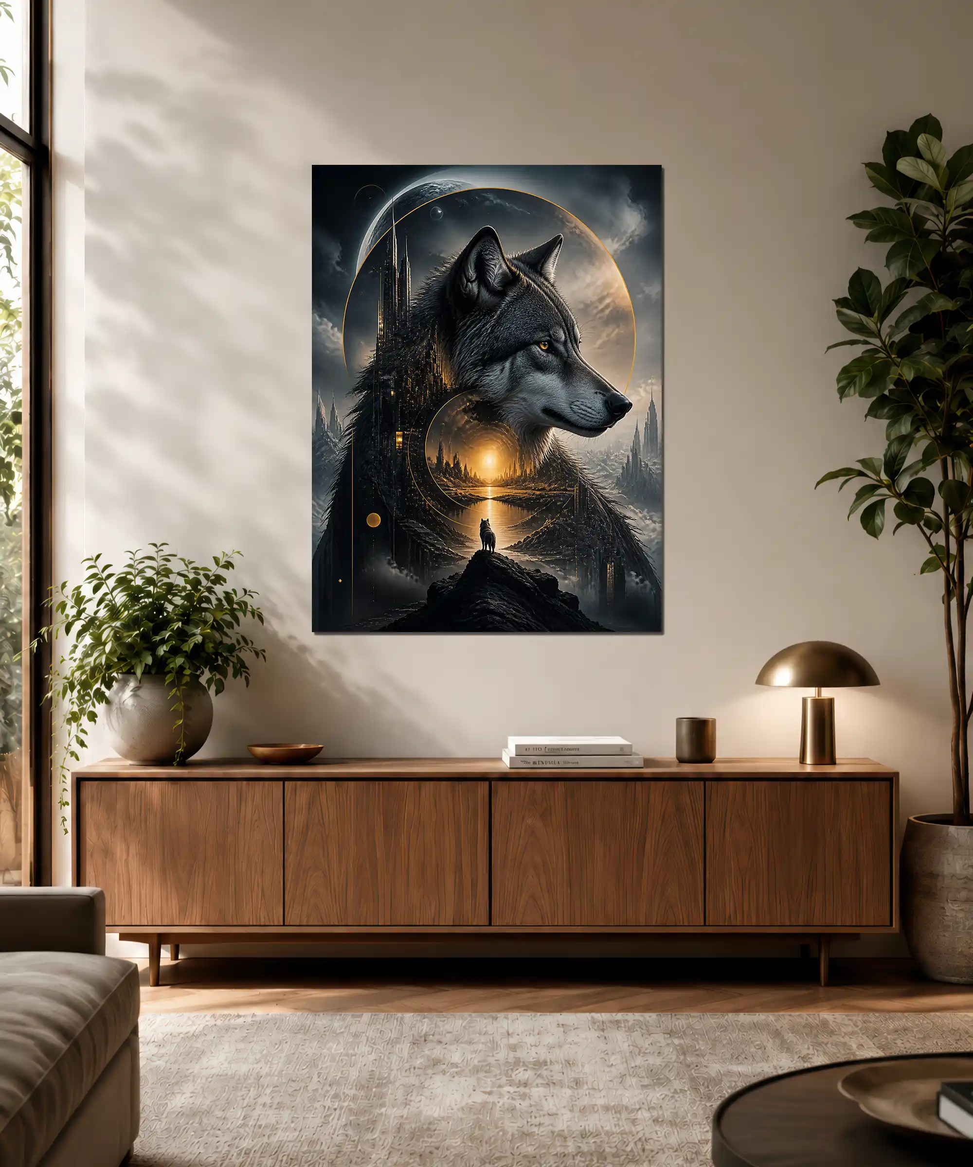 Cosmic Wolf Fantasy Poster 3 painting Cosmic wolf fantasy poster displayed in an interior with dark futuristic wall art