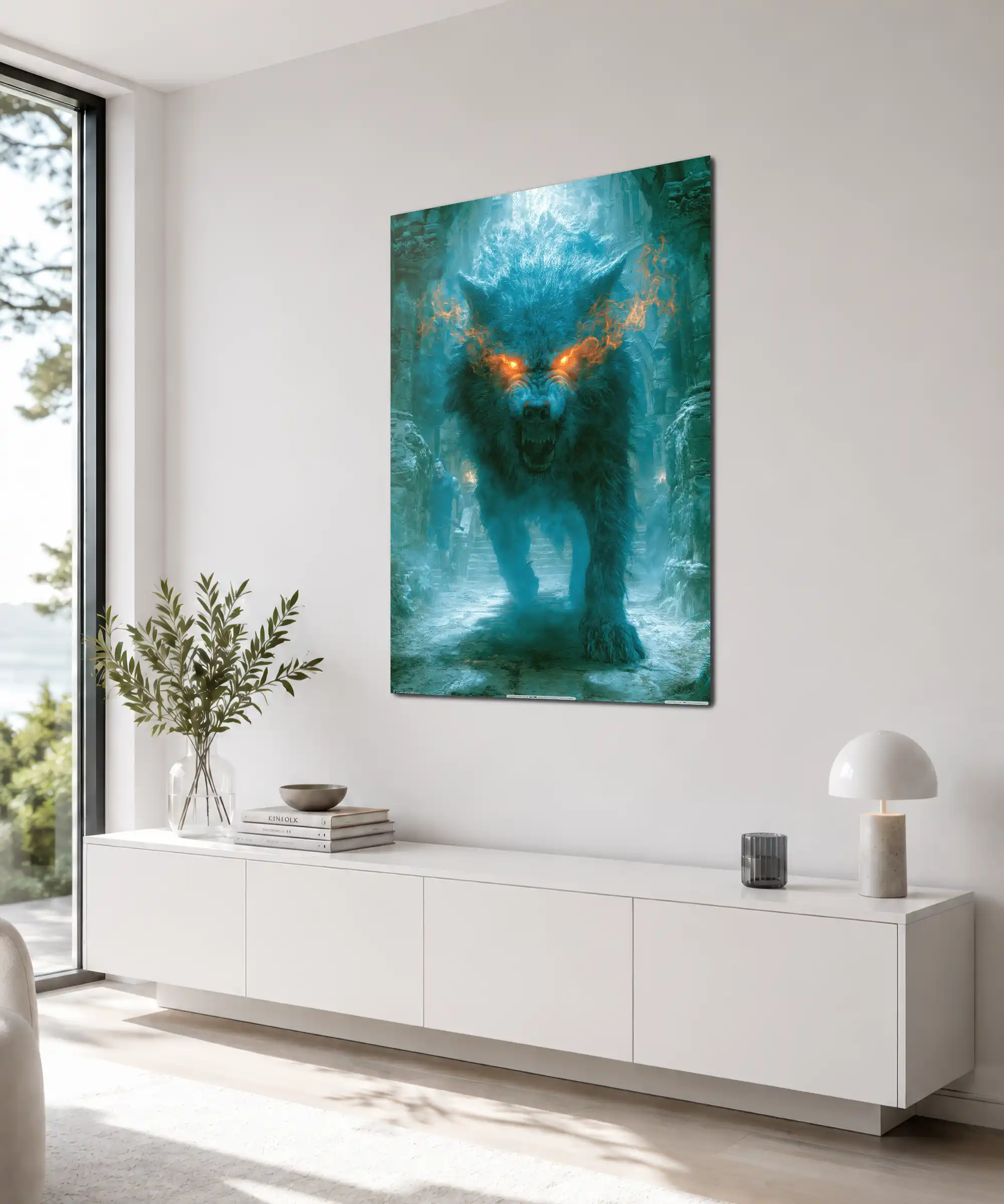 Frostfang Wolf Poster 4 painting Angled wolf creature poster displayed indoors with dark fantasy atmosphere