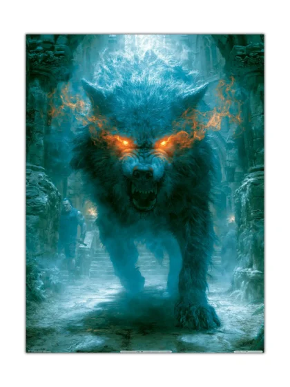 Frostfang wolf-like beast poster with glowing orange eyes in icy temple ruins