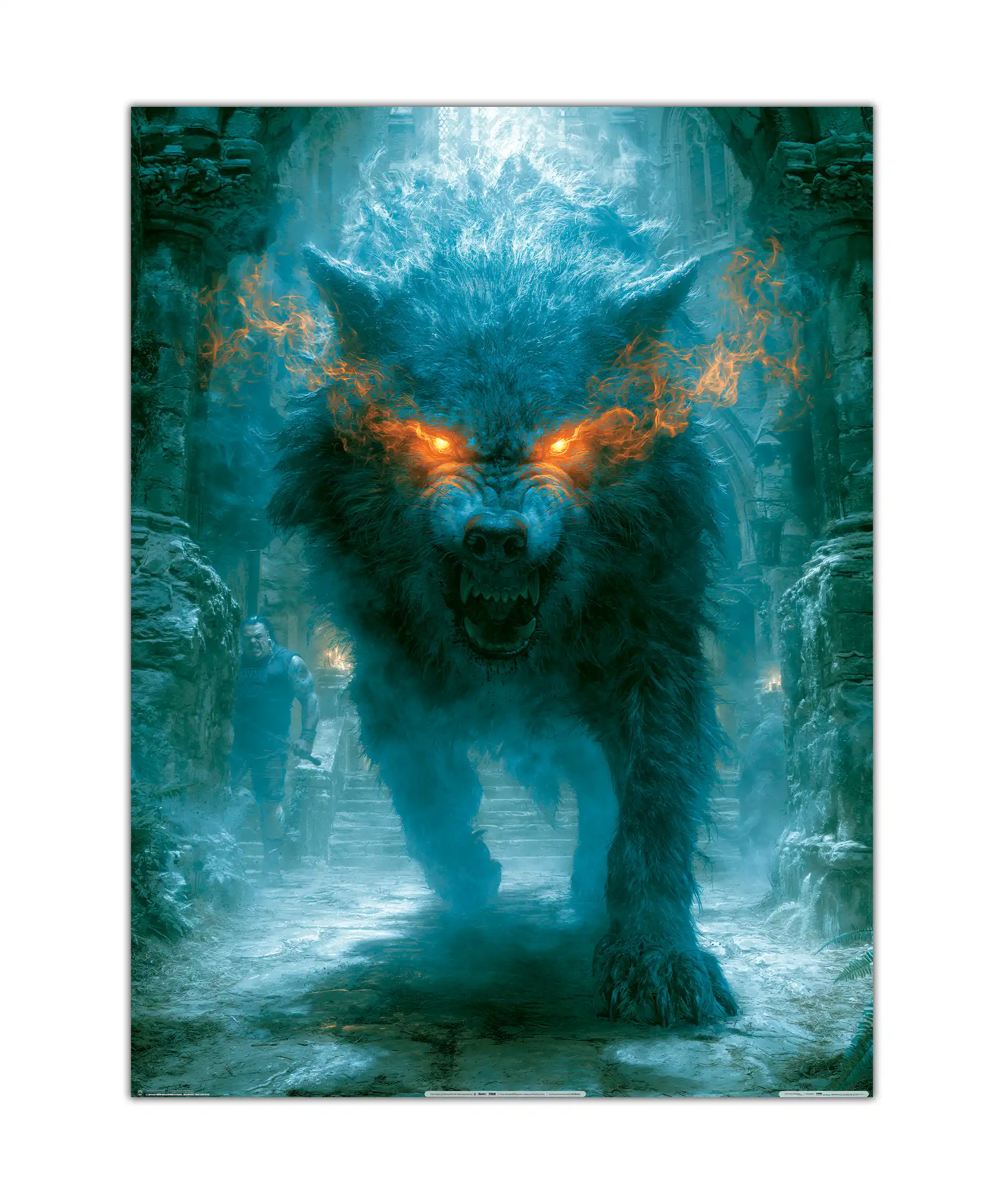 Frostfang Wolf Poster 1 painting Frostfang wolf-like beast poster with glowing orange eyes in icy temple ruins