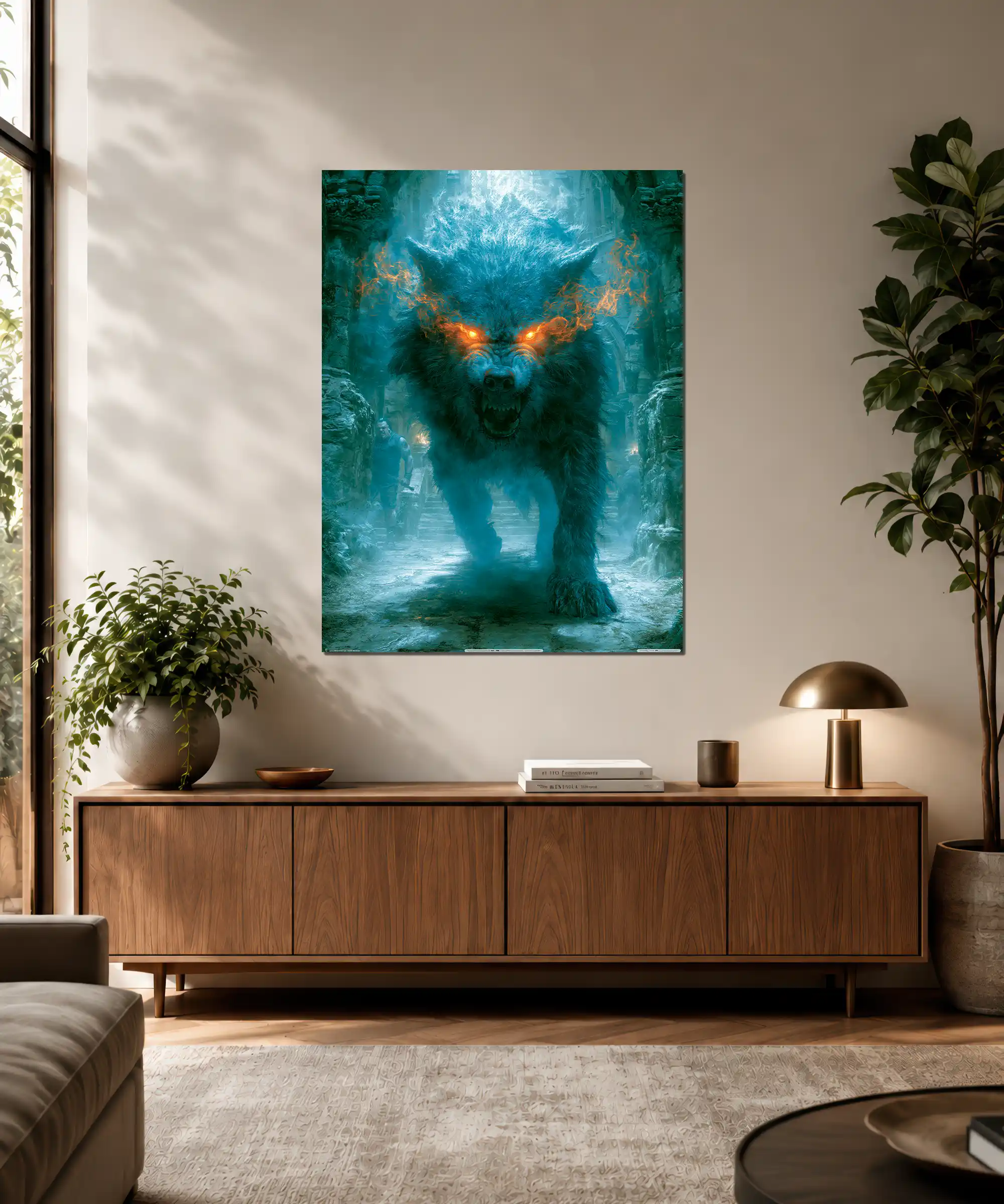 Frostfang Wolf Poster 3 painting Frostfang wolf fantasy poster displayed in an interior with icy teal tones
