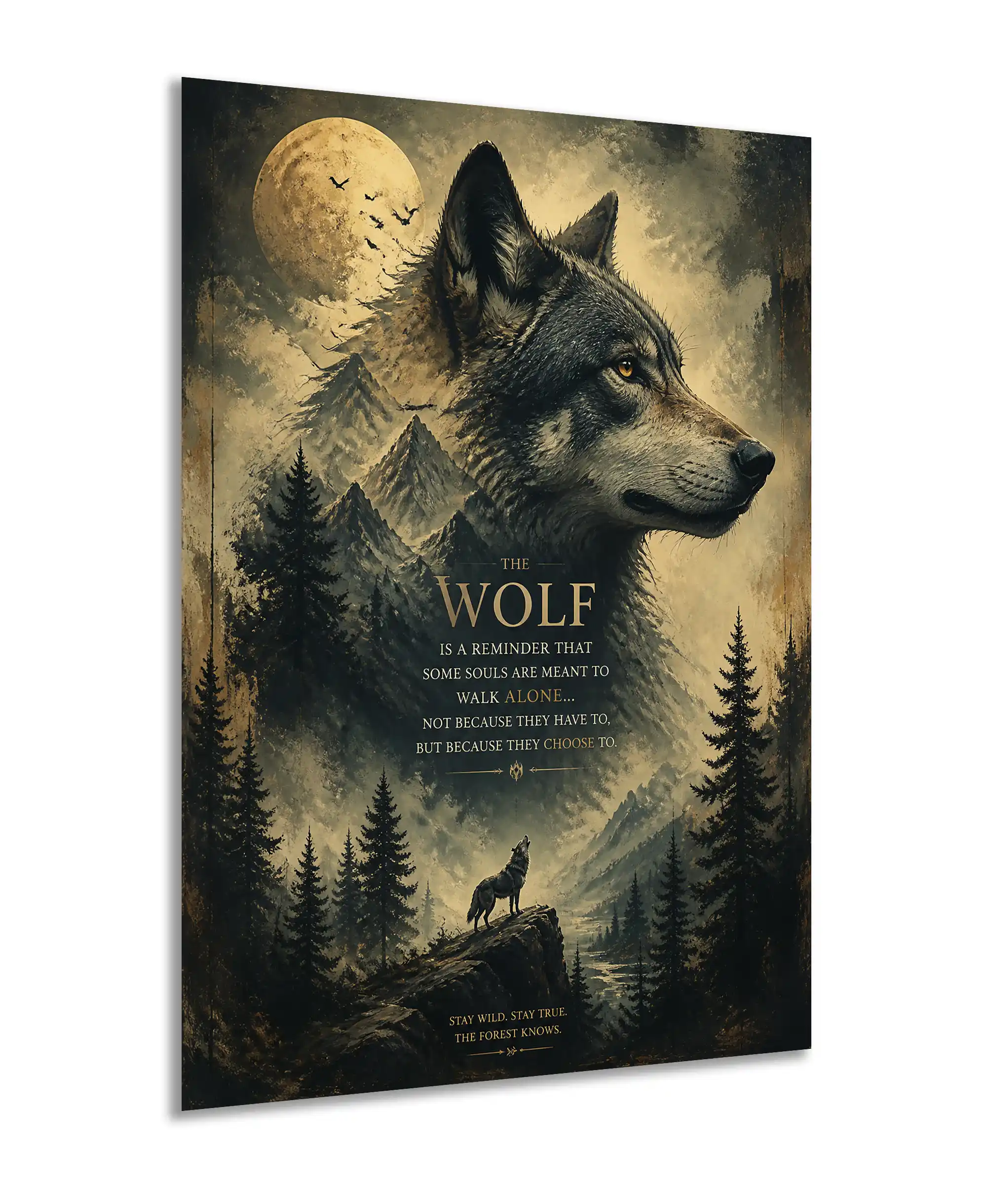 Lone Wolf Aesthetic Poster 2 painting Angled lone wolf wall poster showing moonlit peaks, dark forest, and solitary wilderness artwork