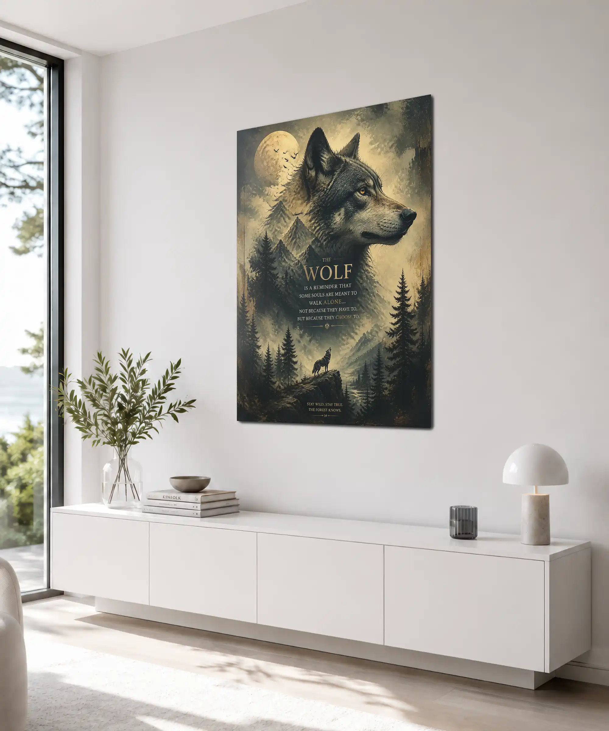 Lone Wolf Aesthetic Poster 4 painting Angled wolf mountain poster in an interior with full moon, pines, and solitary mood