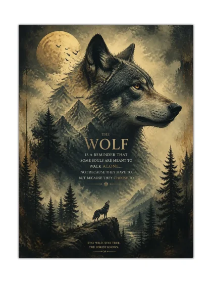Lone wolf poster with full moon, rugged mountains, evergreen forest, and gold solitude quote
