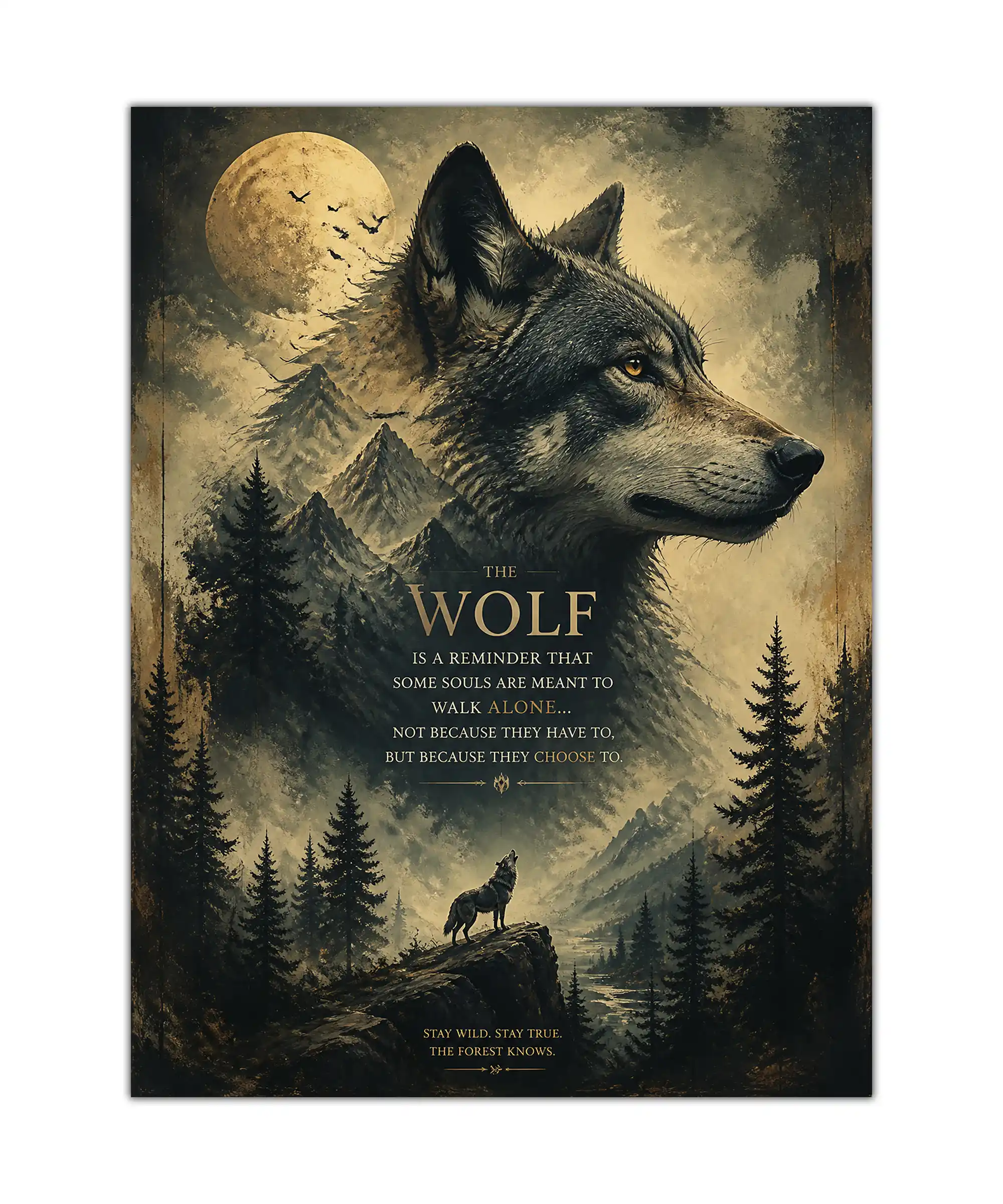 Lone Wolf Aesthetic Poster 1 painting Lone wolf poster with full moon, rugged mountains, evergreen forest, and gold solitude quote