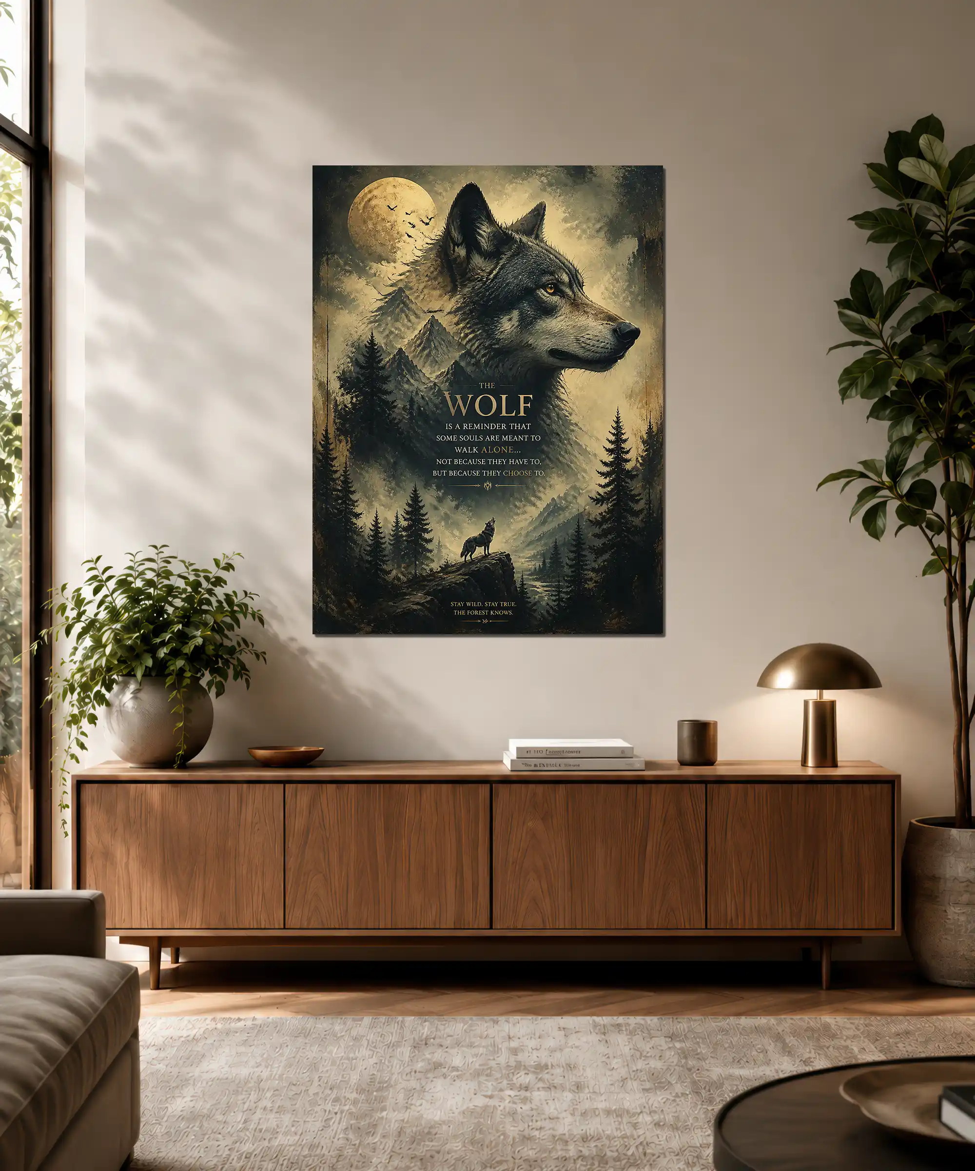 Lone Wolf Aesthetic Poster 3 painting Lone wolf wilderness poster displayed in an interior with moonlit mountains and dark forest