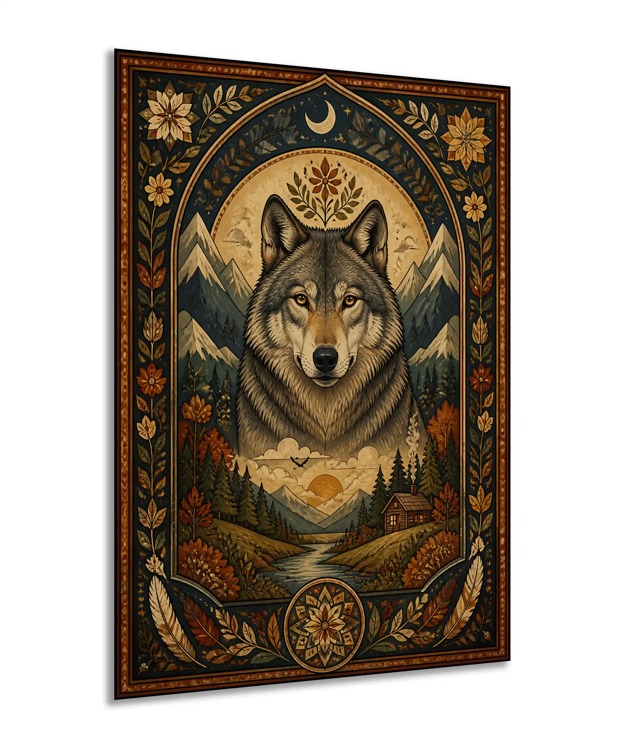Moonlit Wolf Aesthetic Poster 2 painting Angled moonlit wolf wall poster with mountain valley, cabin, moon, and floral frame