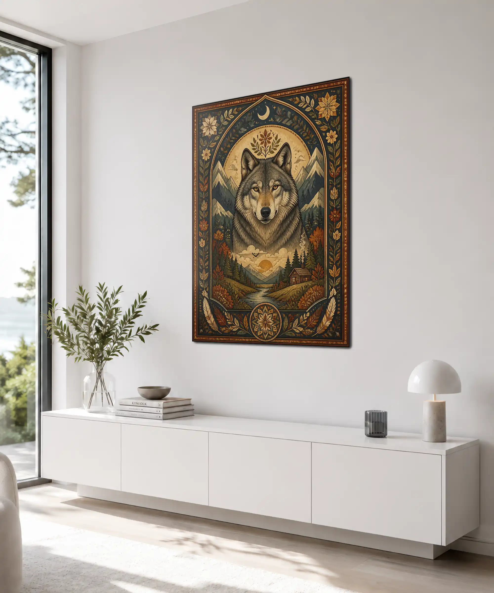 Moonlit Wolf Aesthetic Poster 4 painting Angled wolf and alpine landscape poster shown as cabin-inspired interior decor