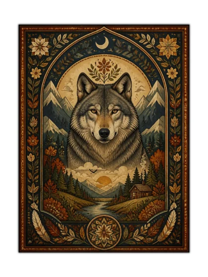 Moonlit wolf poster with alpine mountains, pine forest, cabin, and ornate botanical border