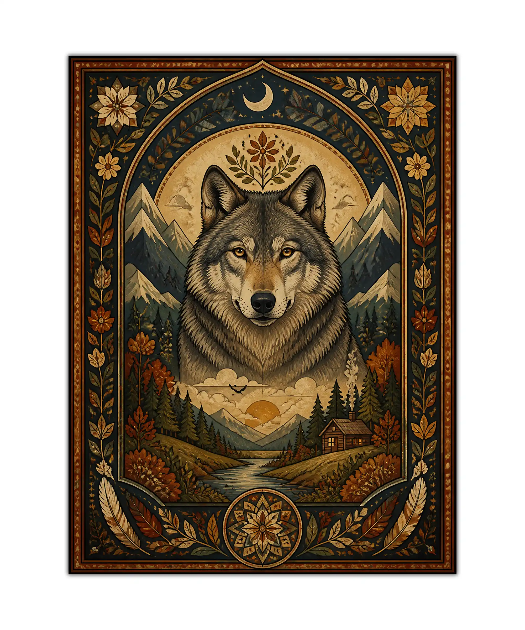 Moonlit Wolf Aesthetic Poster 1 painting Moonlit wolf poster with alpine mountains, pine forest, cabin, and ornate botanical border