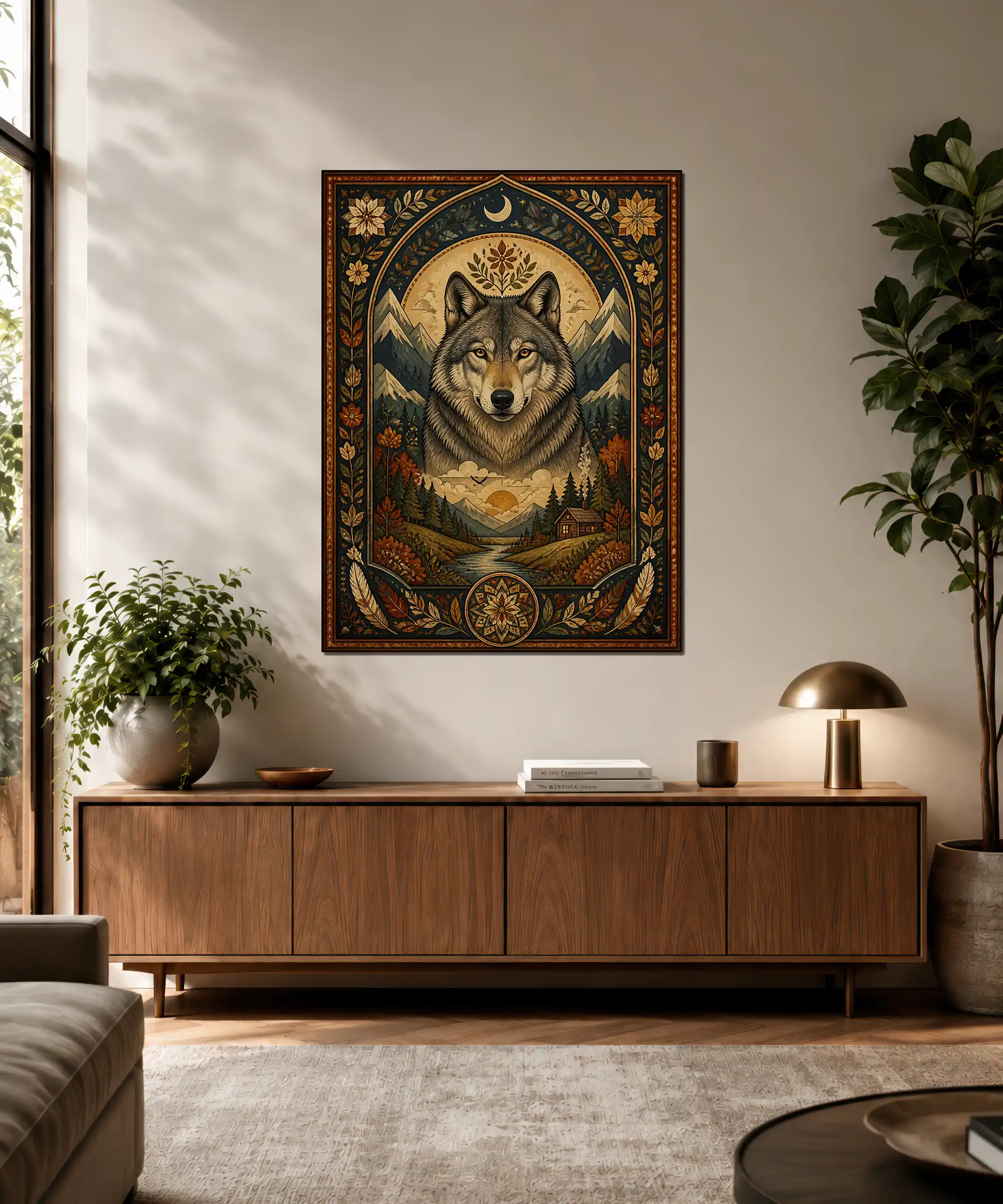 Moonlit Wolf Aesthetic Poster 3 painting Moonlit wolf mountain poster displayed as rustic woodland wall art in an interior