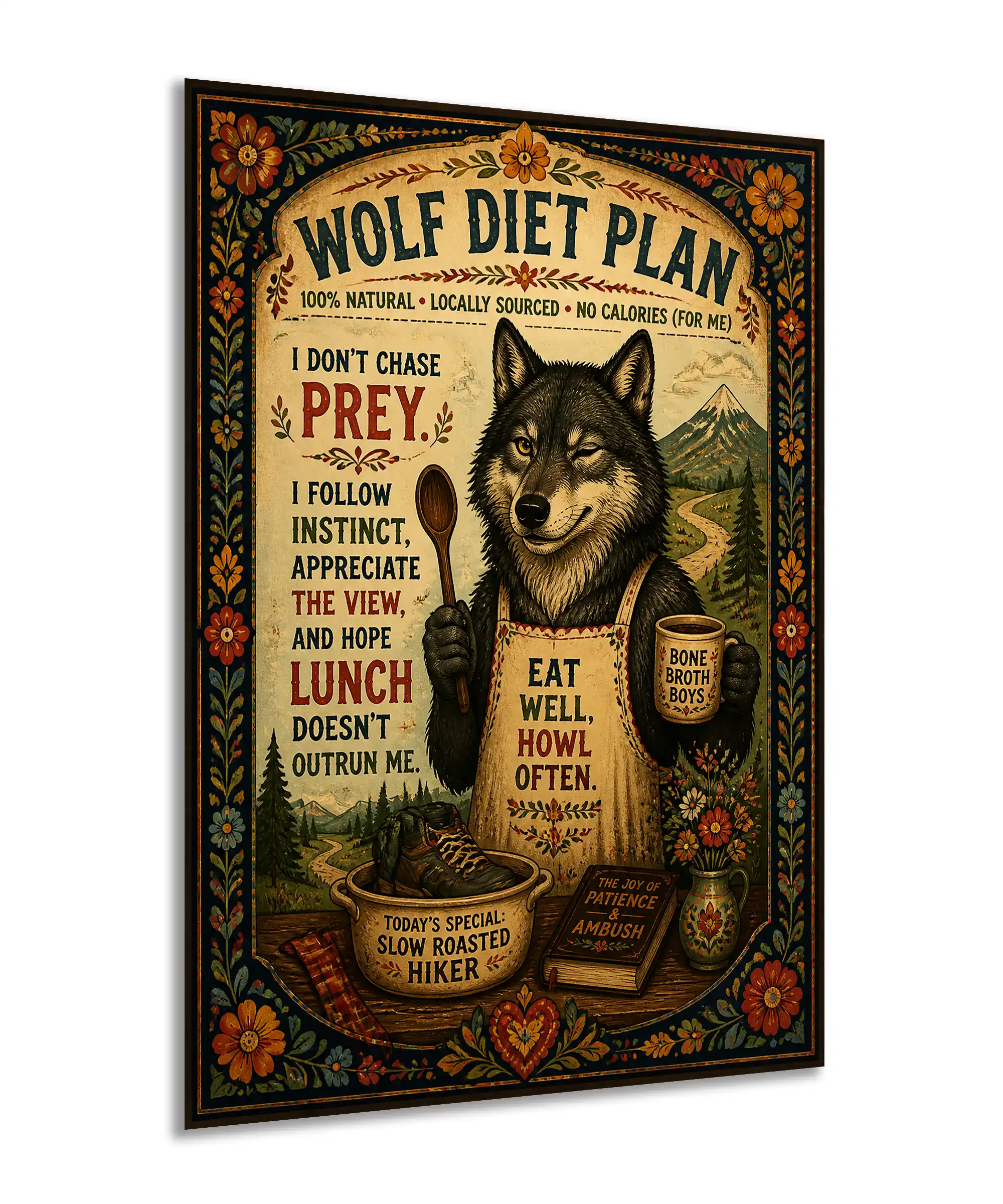 Wolf Funny Poster 2 painting Angled wolf diet plan poster showing a winking wolf, hiking boot meal, and vintage folk details