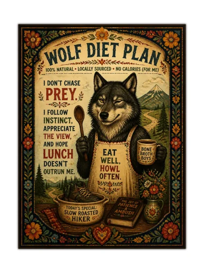 Vintage funny wolf poster with bone broth, mountain scenery, floral border, and rustic cooking humor
