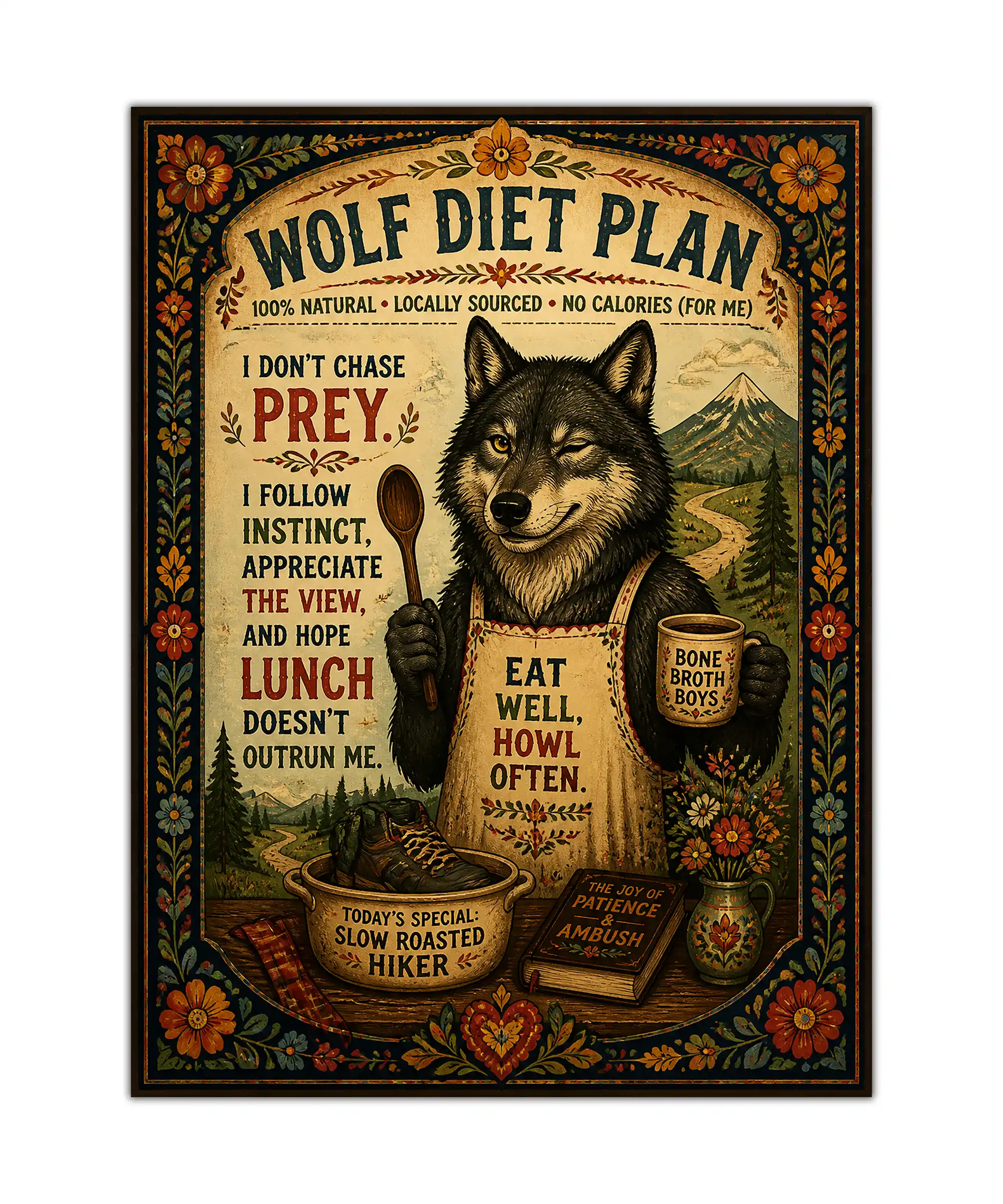 Wolf Funny Poster 1 painting Vintage funny wolf poster with bone broth, mountain scenery, floral border, and rustic cooking humor