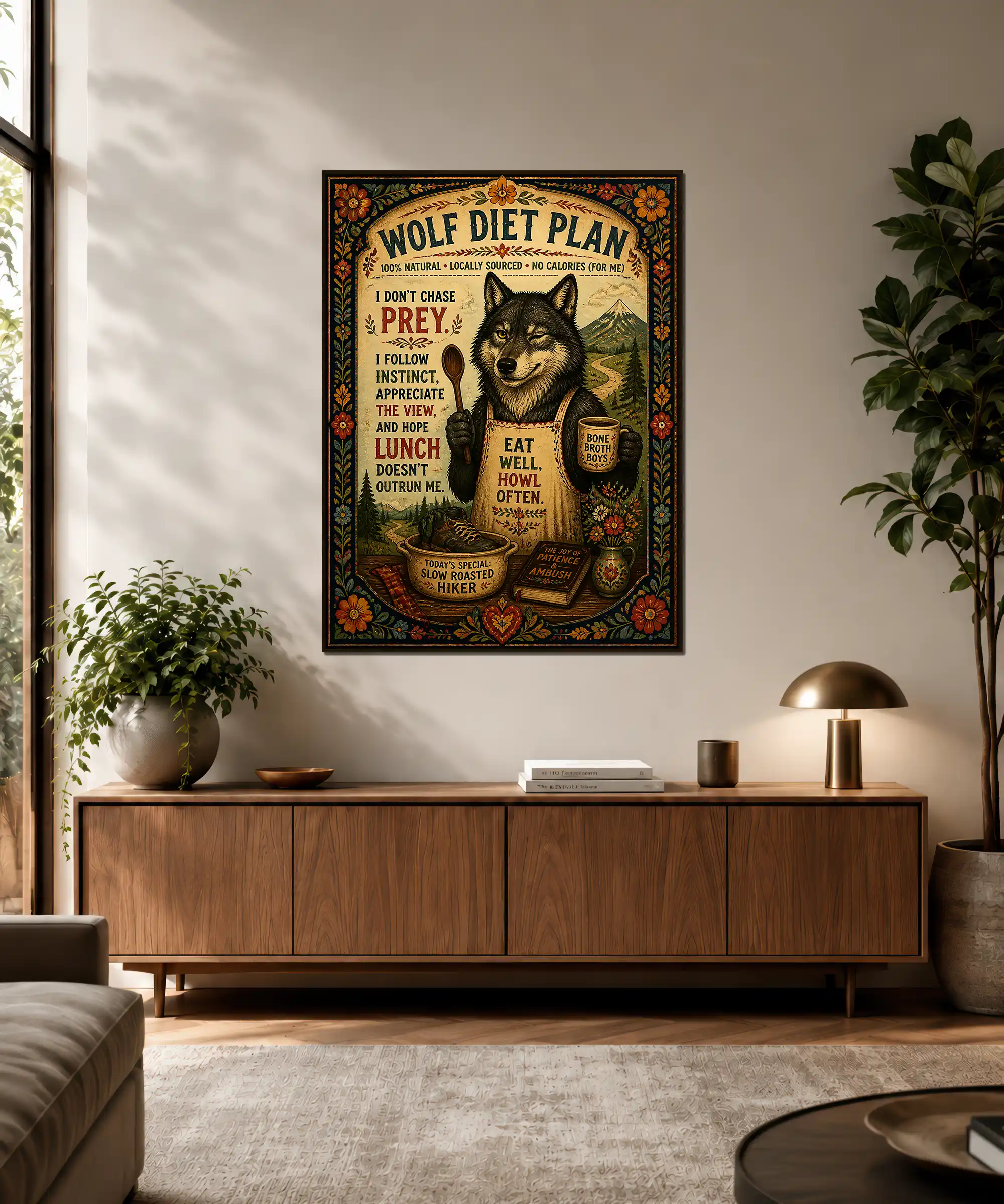Wolf Funny Poster 3 painting Funny vintage wolf wall poster displayed in a warm rustic interior with mountain and kitchen themes