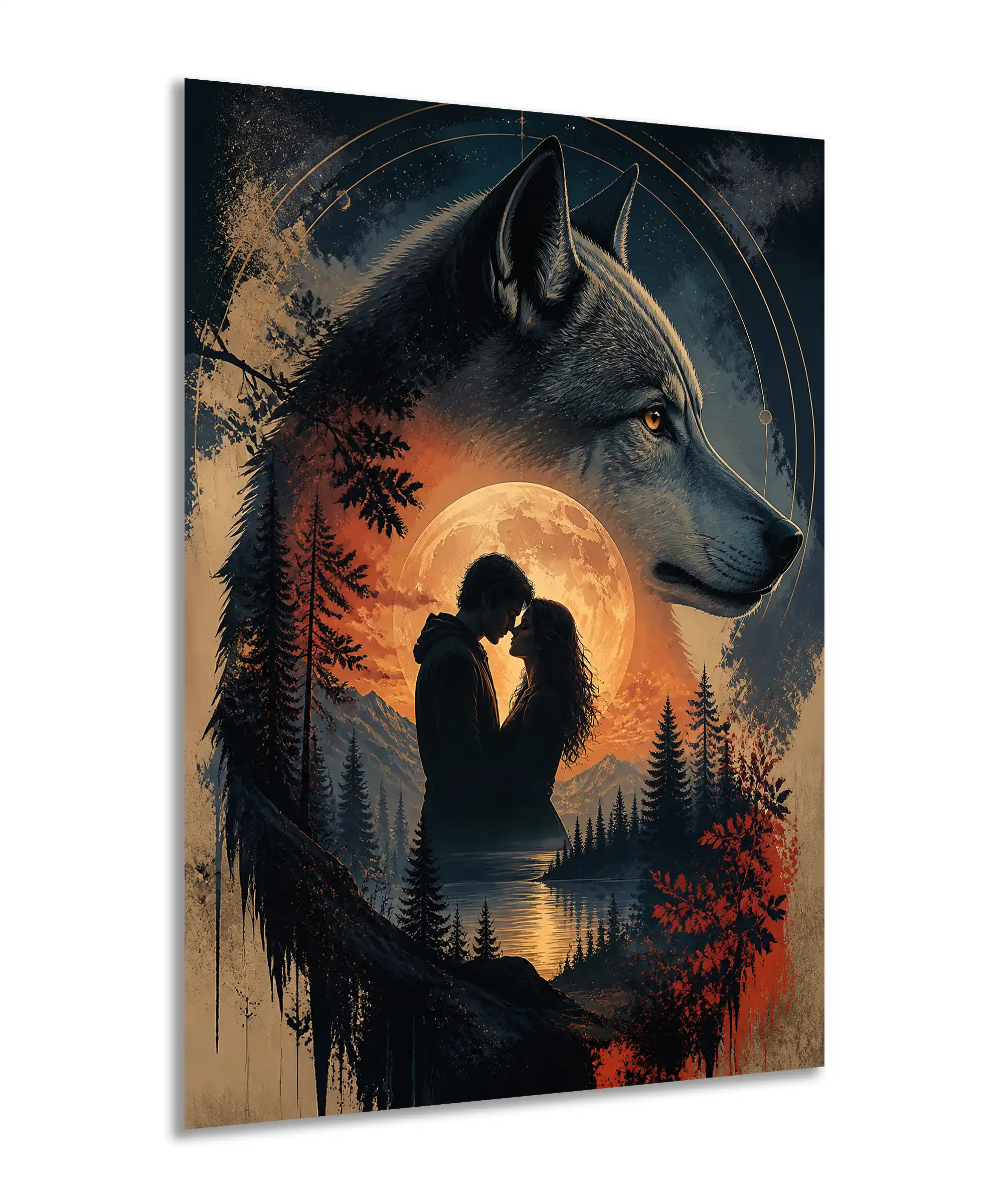 Moonlit Wolf Wolf Poster 2 painting Angled moonlit wolf poster with lovers, pine forest, mountains, and glowing orange moon