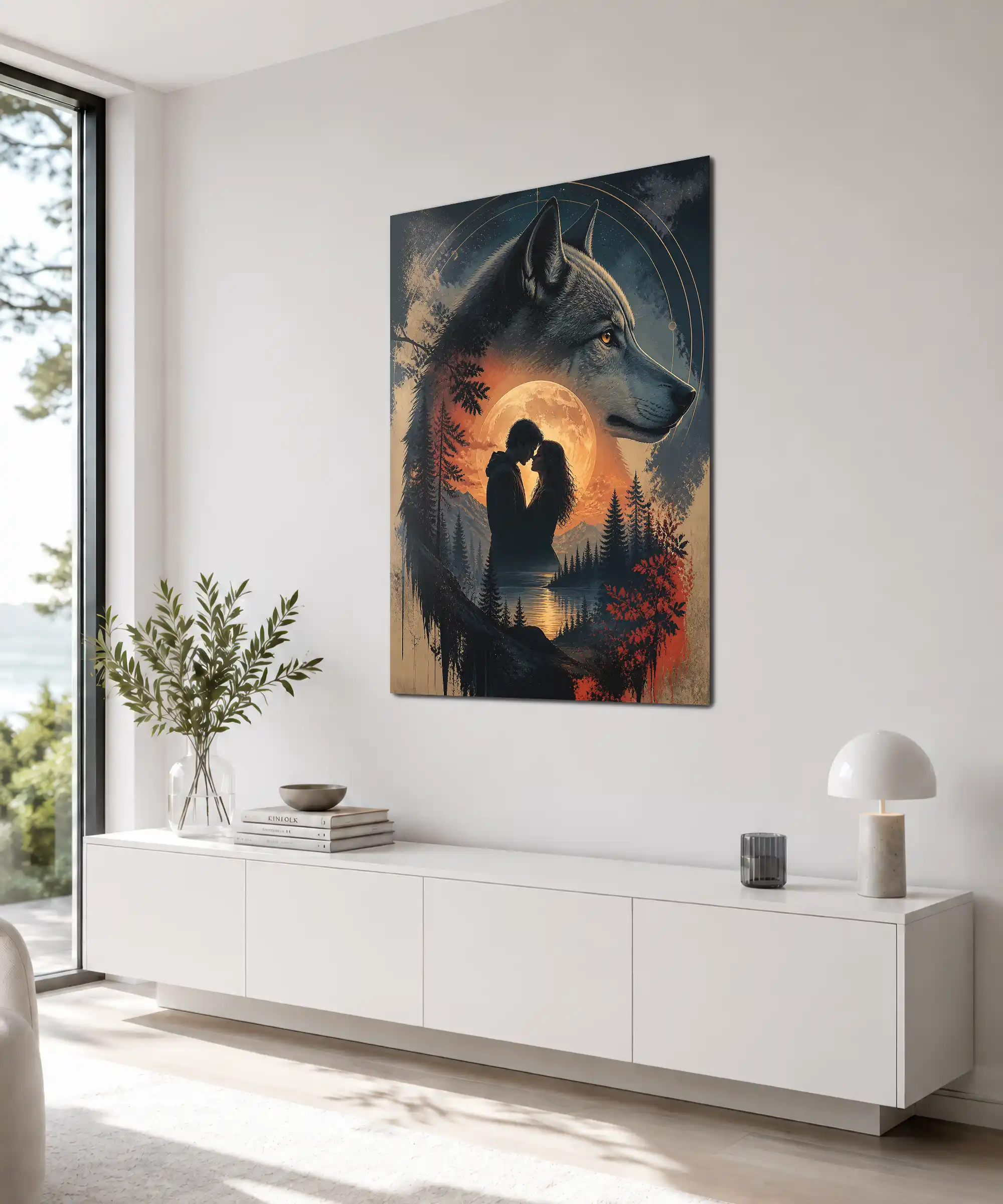Moonlit Wolf Wolf Poster 4 painting Angled wolf lovers poster in an interior with orange moon and dark wilderness