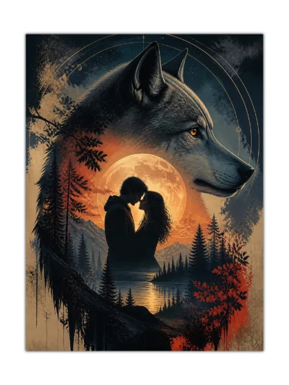 Surreal wolf poster showing two lovers beneath an orange moon over a forest lake