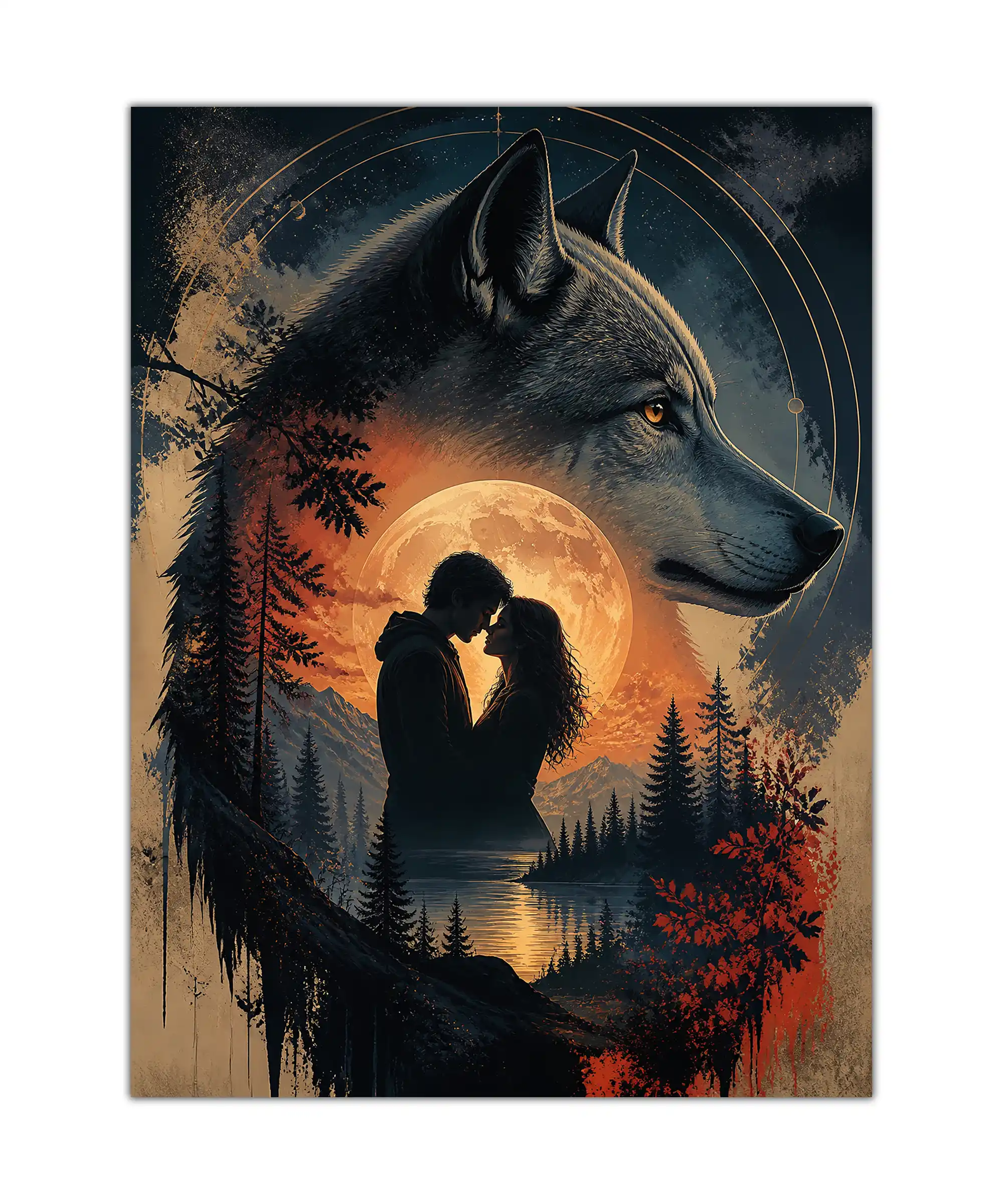 Moonlit Wolf Wolf Poster 1 painting Surreal wolf poster showing two lovers beneath an orange moon over a forest lake