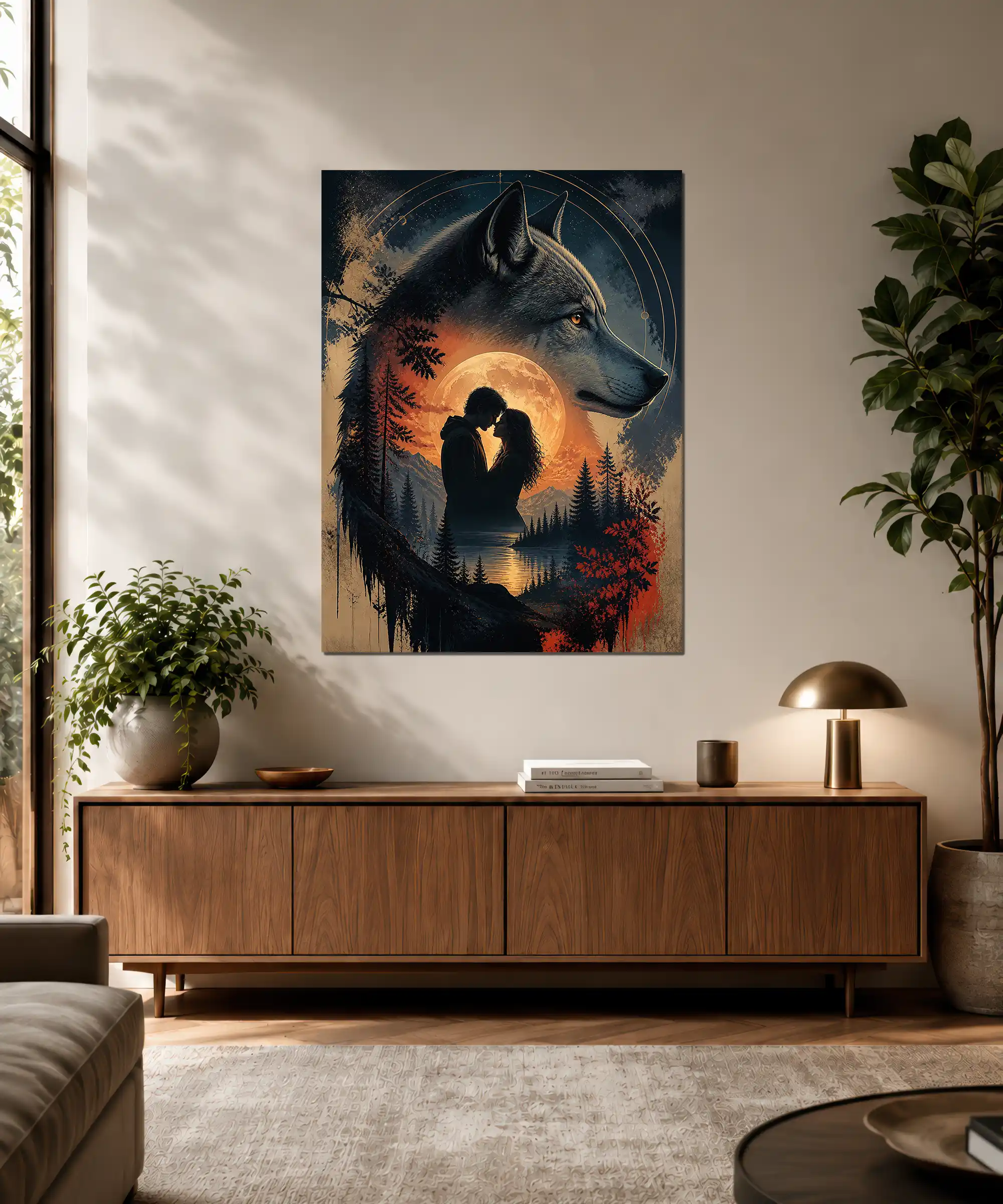 Moonlit Wolf Wolf Poster 3 painting Moonlit wolf poster displayed in an interior with lovers and mountain lake scene