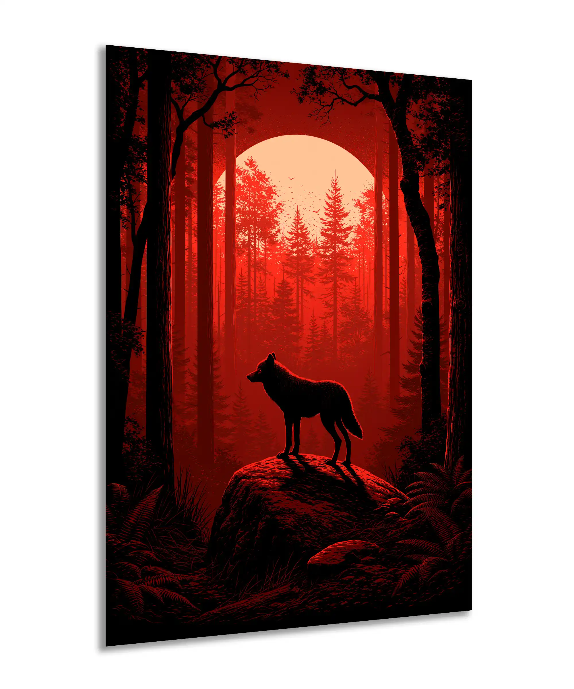 Crimson Wolf Aesthetic Poster 2 painting Angled crimson wolf poster with a full moon, pine trees, and dark forest silhouettes