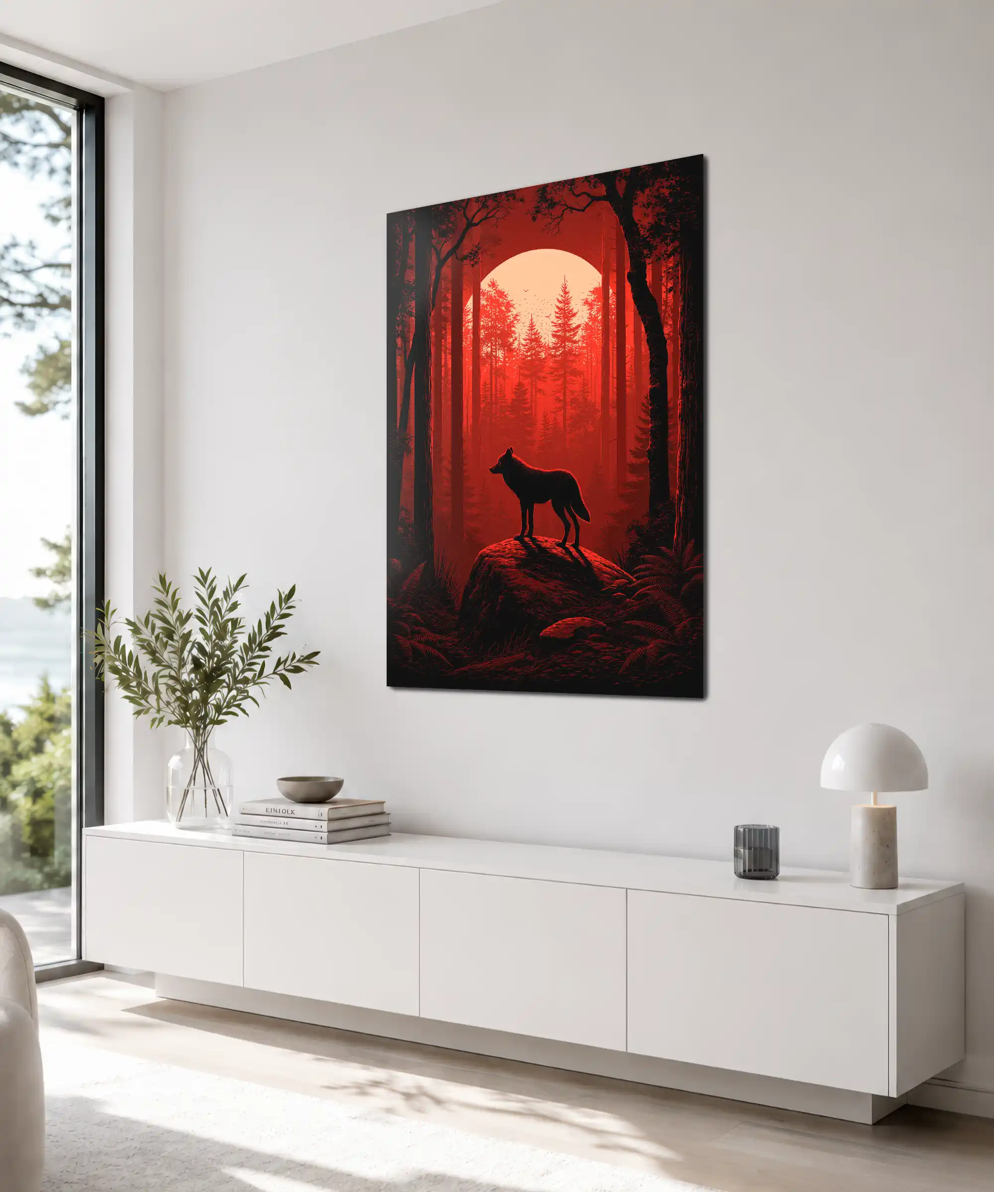 Crimson Wolf Aesthetic Poster 4 painting Angled wall display of a wolf beneath the moon in a deep red illustrated forest