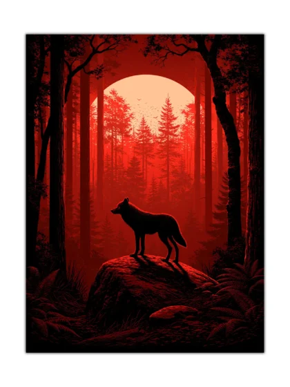 Crimson wolf standing on a rock beneath a full moon in a red forest poster