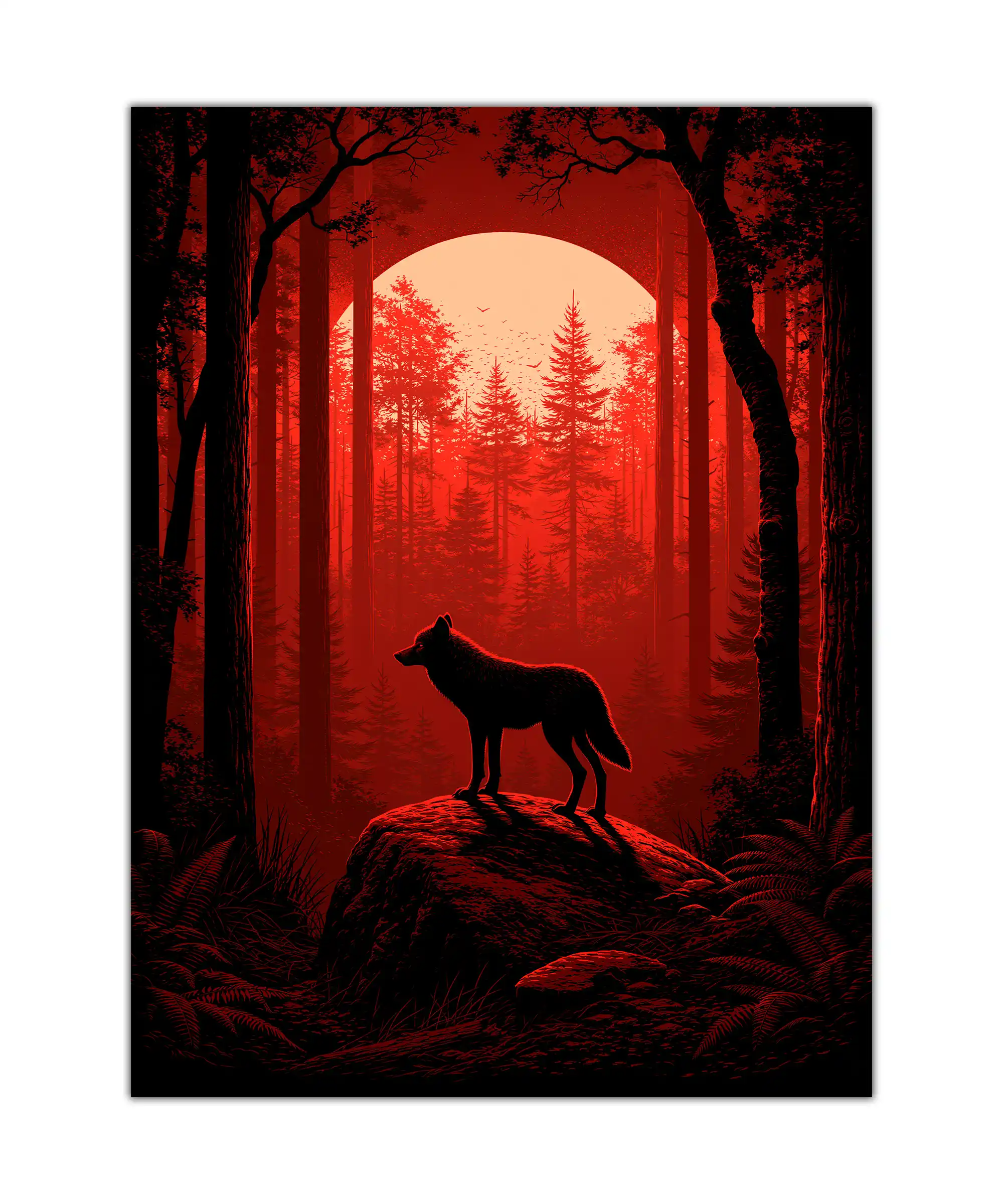 Crimson Wolf Aesthetic Poster 1 painting Crimson wolf standing on a rock beneath a full moon in a red forest poster