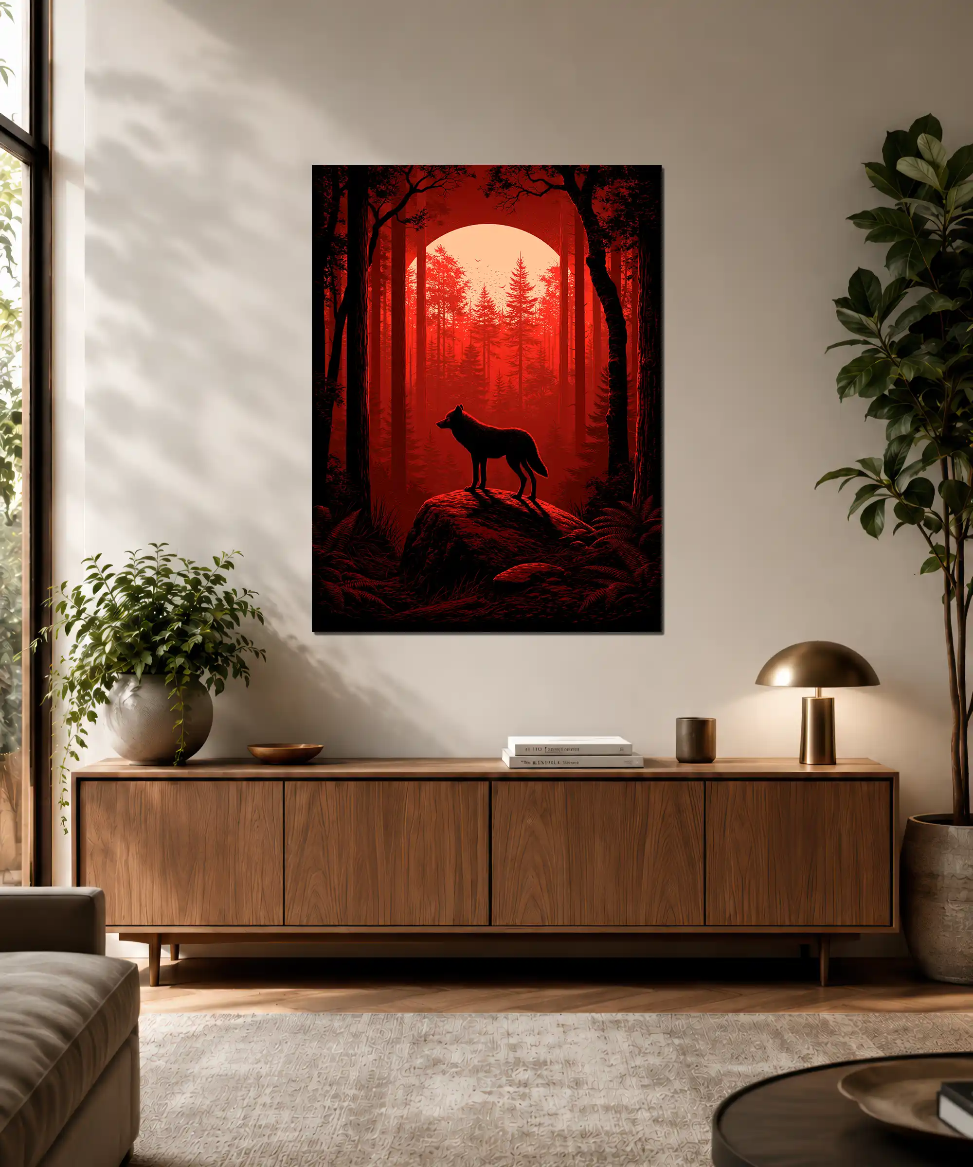 Crimson Wolf Aesthetic Poster 3 painting Crimson wolf and full moon forest poster displayed as dramatic illustrated wall art
