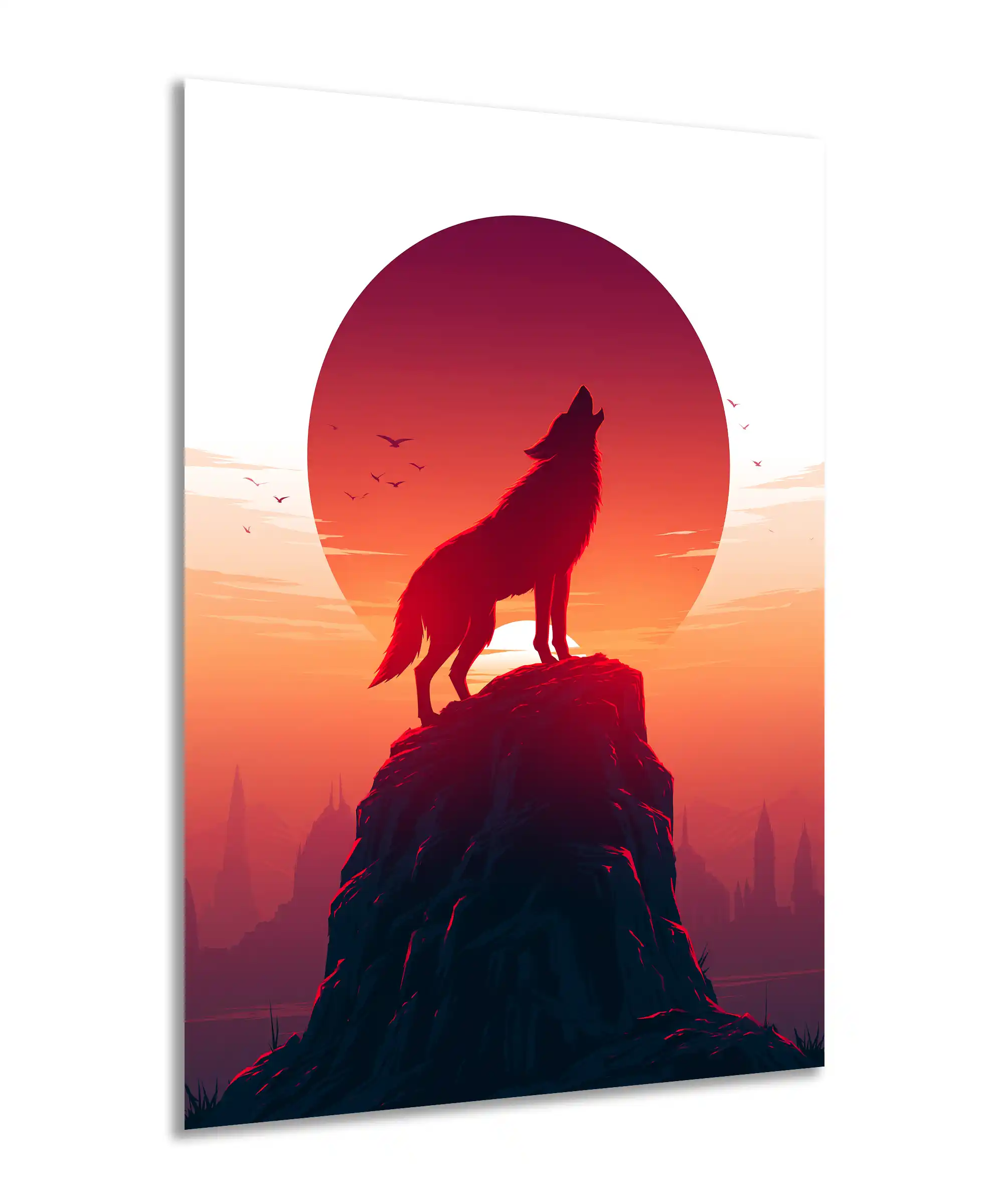 Last Howl Wolf Poster 2 painting Angled wolf silhouette poster with crimson sun and dark fantasy landscape