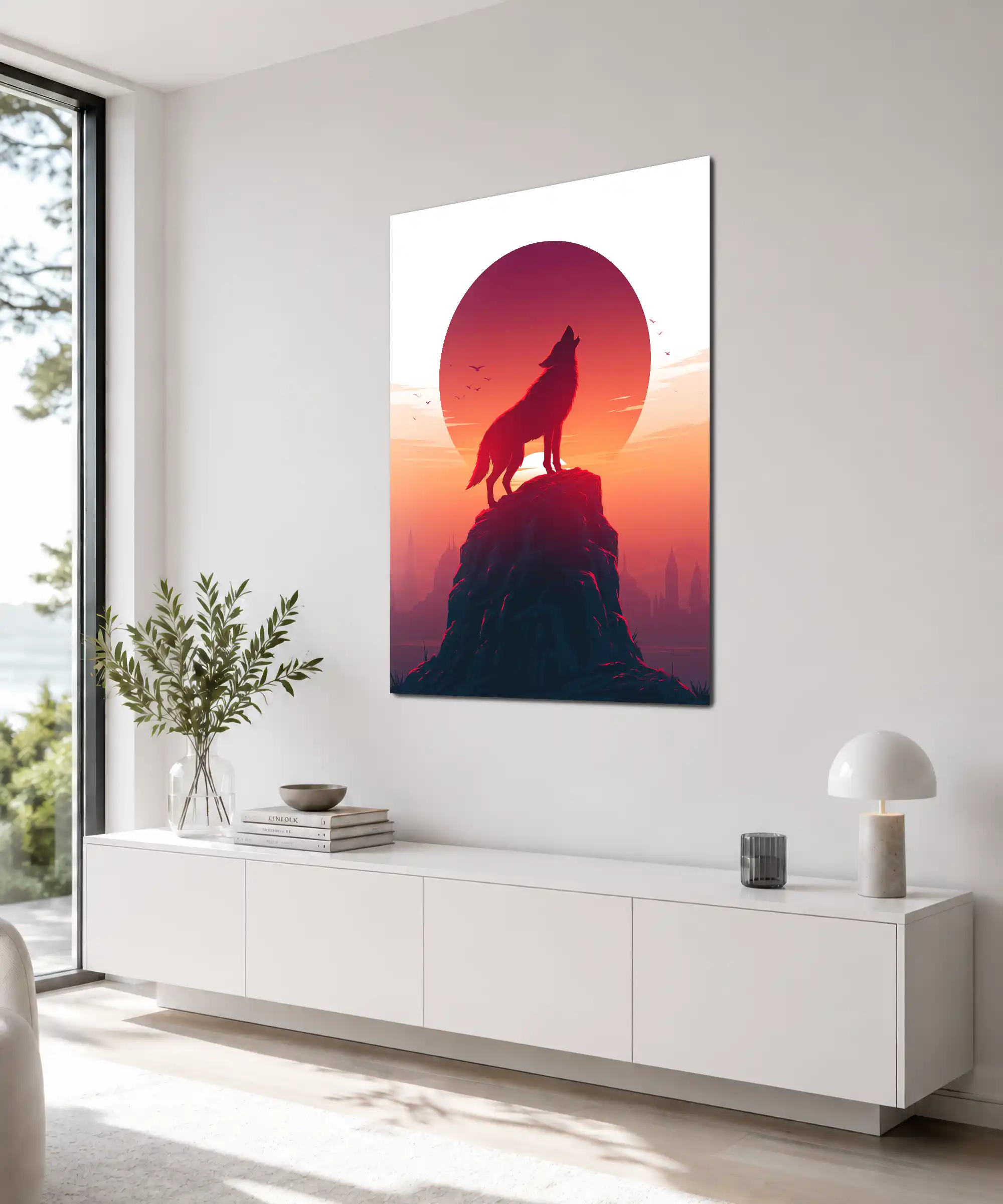 Last Howl Wolf Poster 4 painting Angled wolf sunset poster displayed in an interior with dark cinematic mood