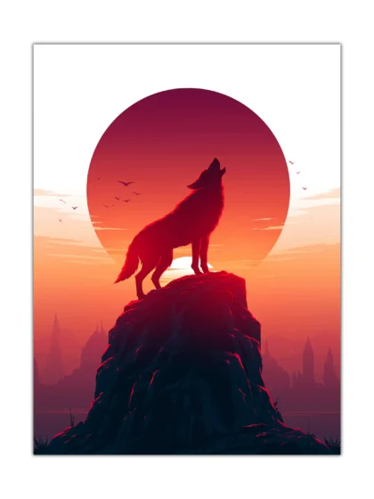 Lone wolf silhouette on a rocky cliff beneath a crimson sunset fantasy poster