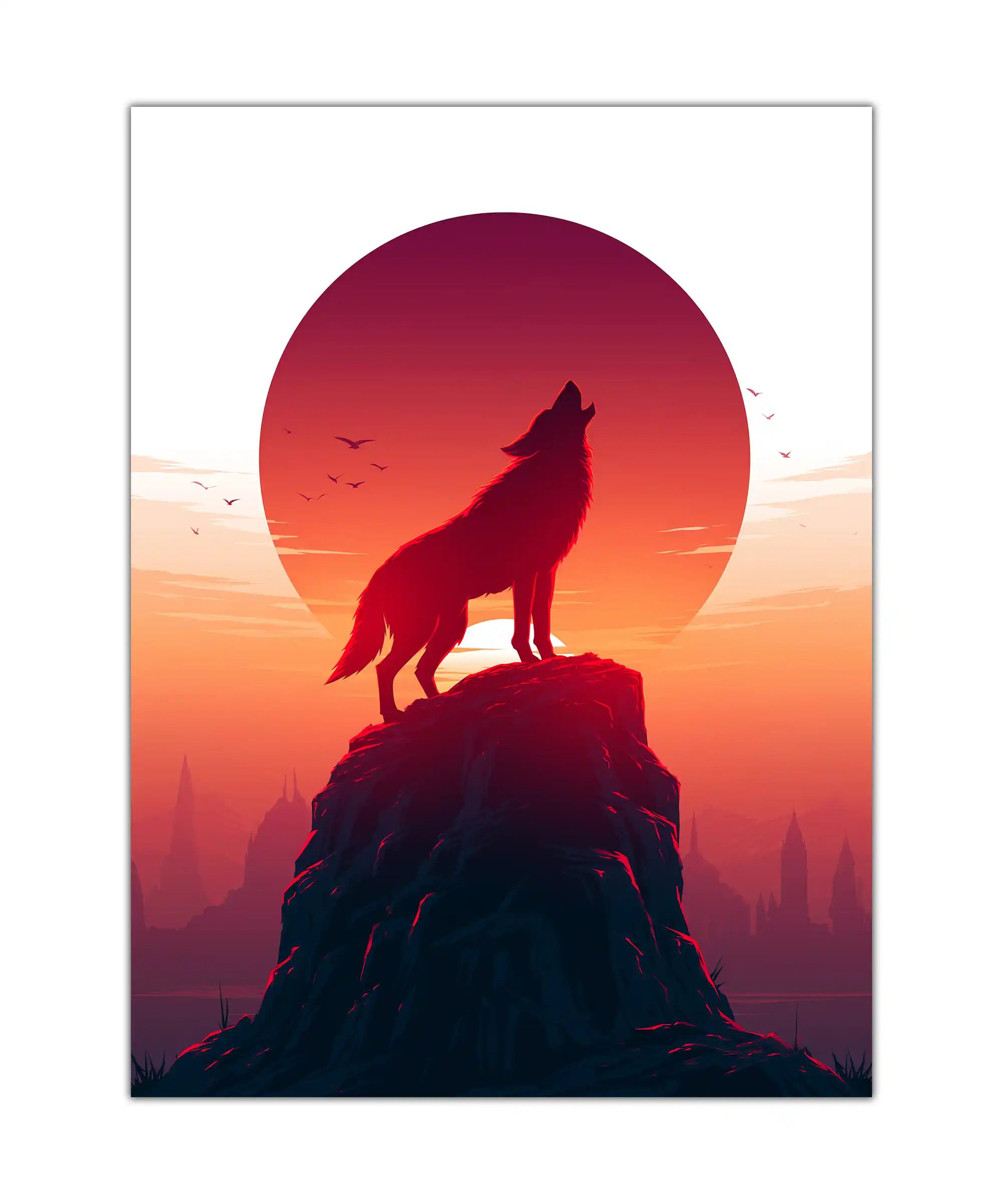 Last Howl Wolf Poster 1 painting Lone wolf silhouette on a rocky cliff beneath a crimson sunset fantasy poster