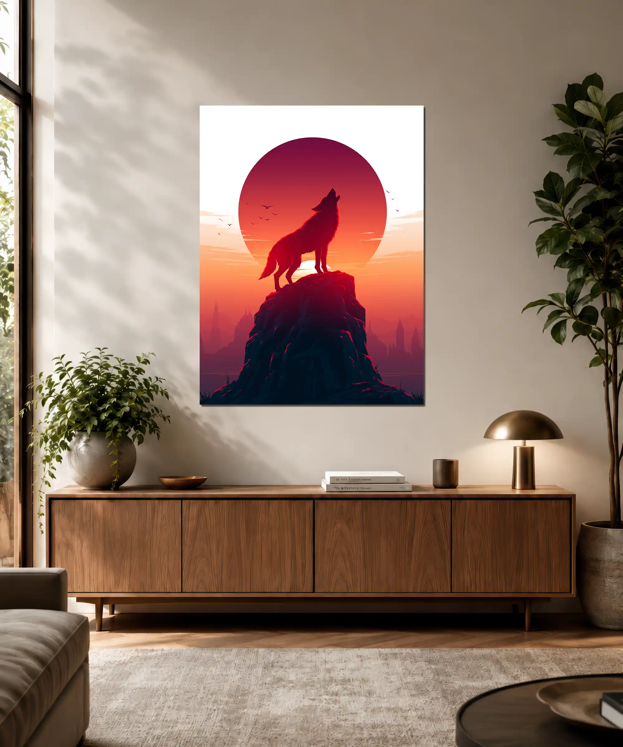 Last Howl Wolf Poster 3 painting Wolf silhouette sunset poster displayed as dramatic fantasy wall art indoors