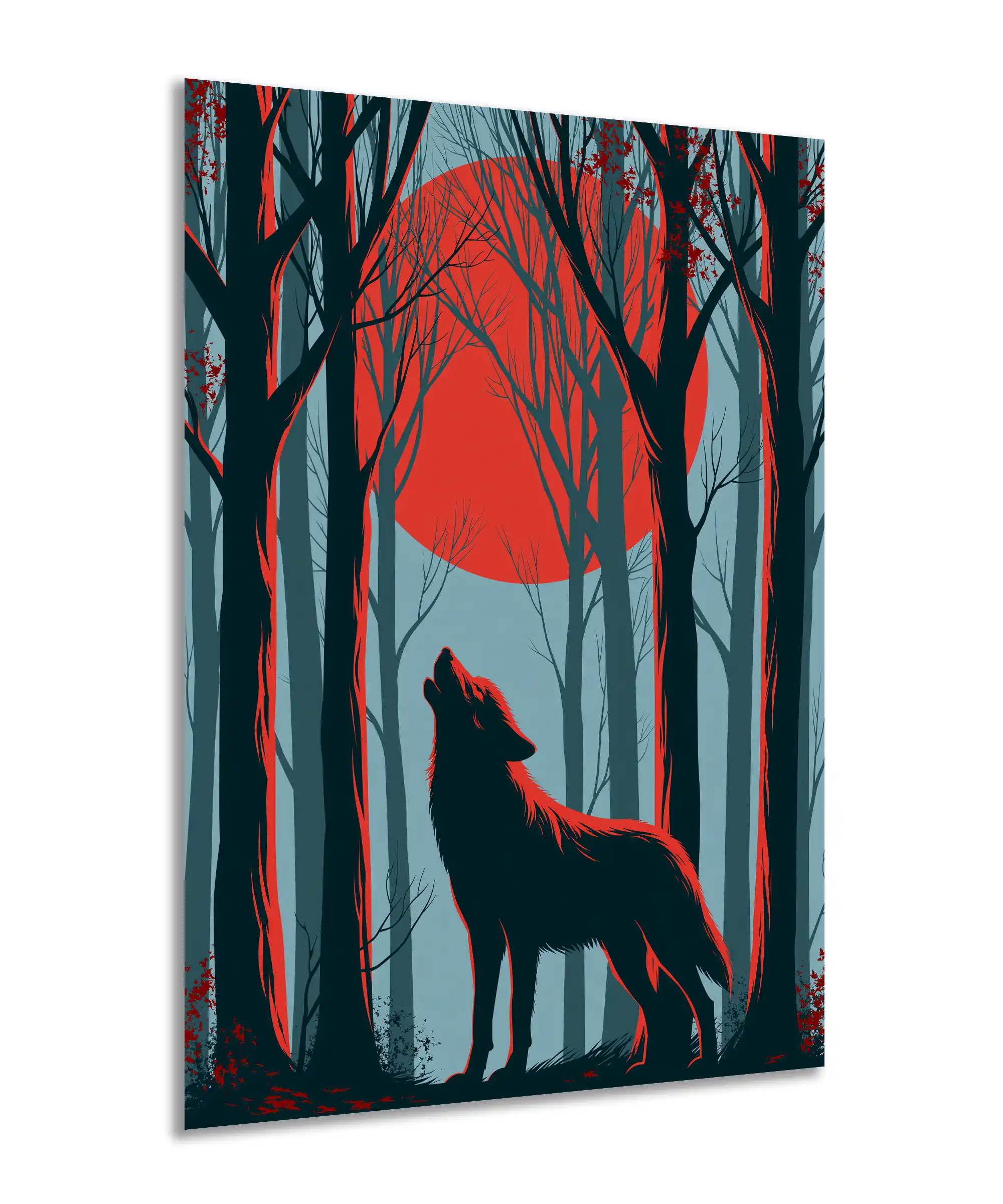 Crimson Moon Wolf Poster 2 painting Angled crimson moon wolf poster with a howling wolf and graphic forest scene