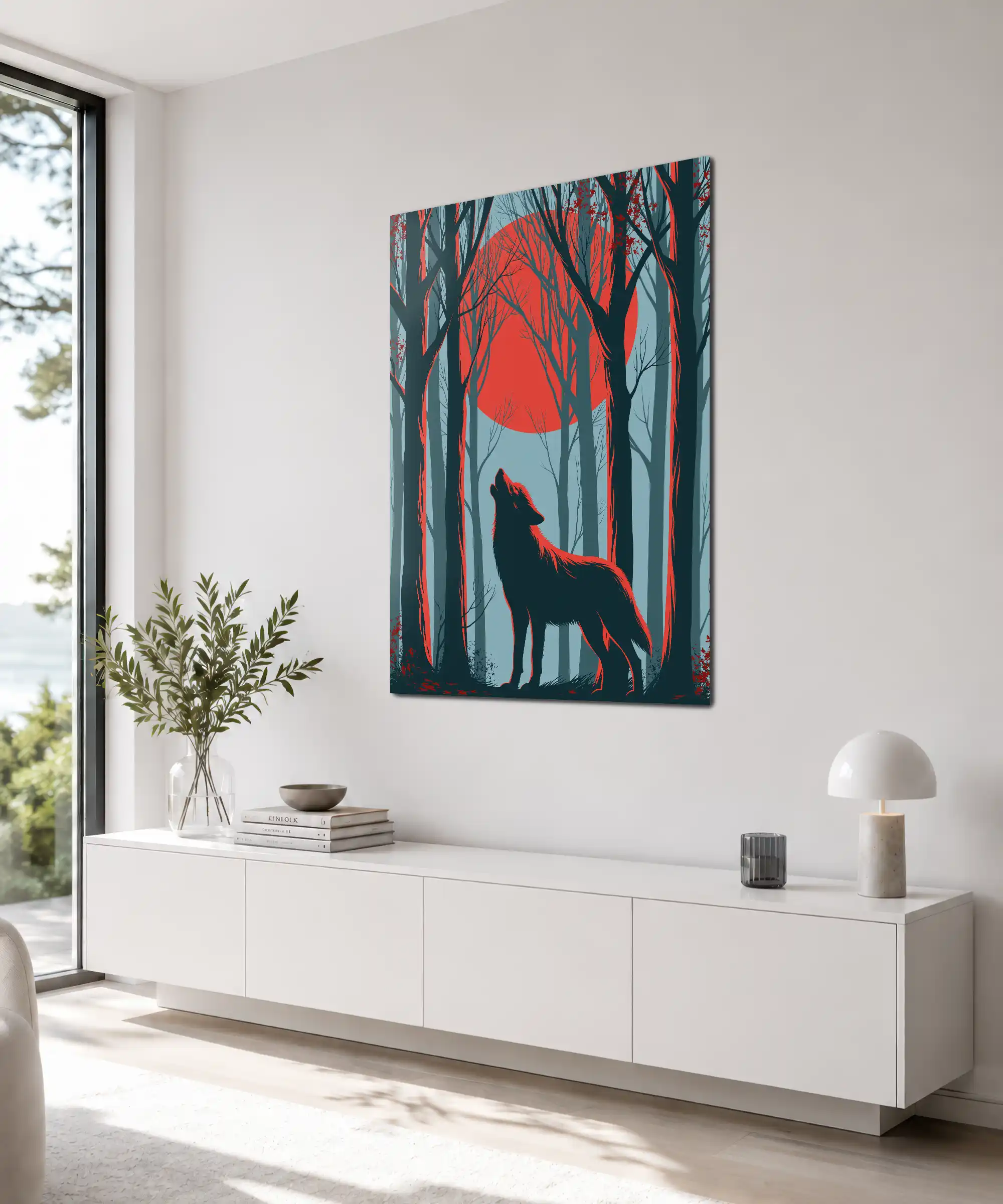 Crimson Moon Wolf Poster 4 painting Angled wolf wall poster featuring a red moon, bare trees, and dramatic woodland shadows