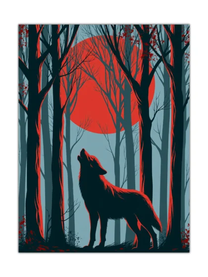 Crimson moon wolf poster showing a howling wolf in a dark blue-gray forest