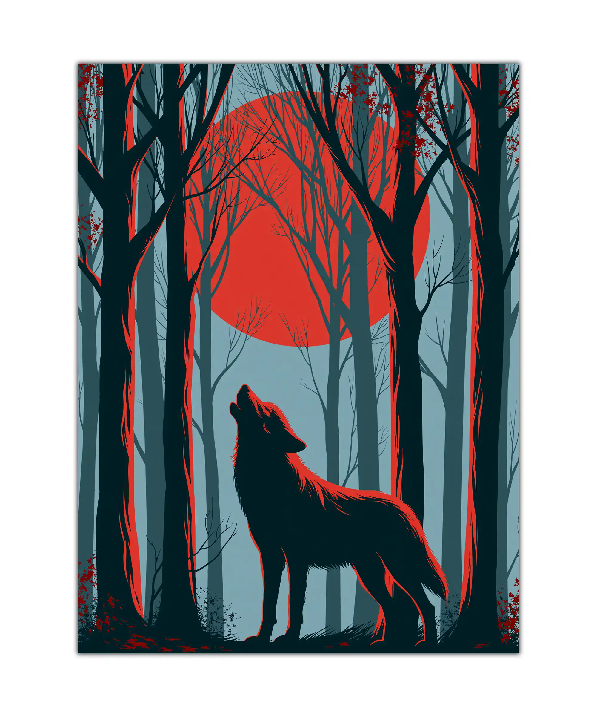 Crimson Moon Wolf Poster 1 painting Crimson moon wolf poster showing a howling wolf in a dark blue-gray forest